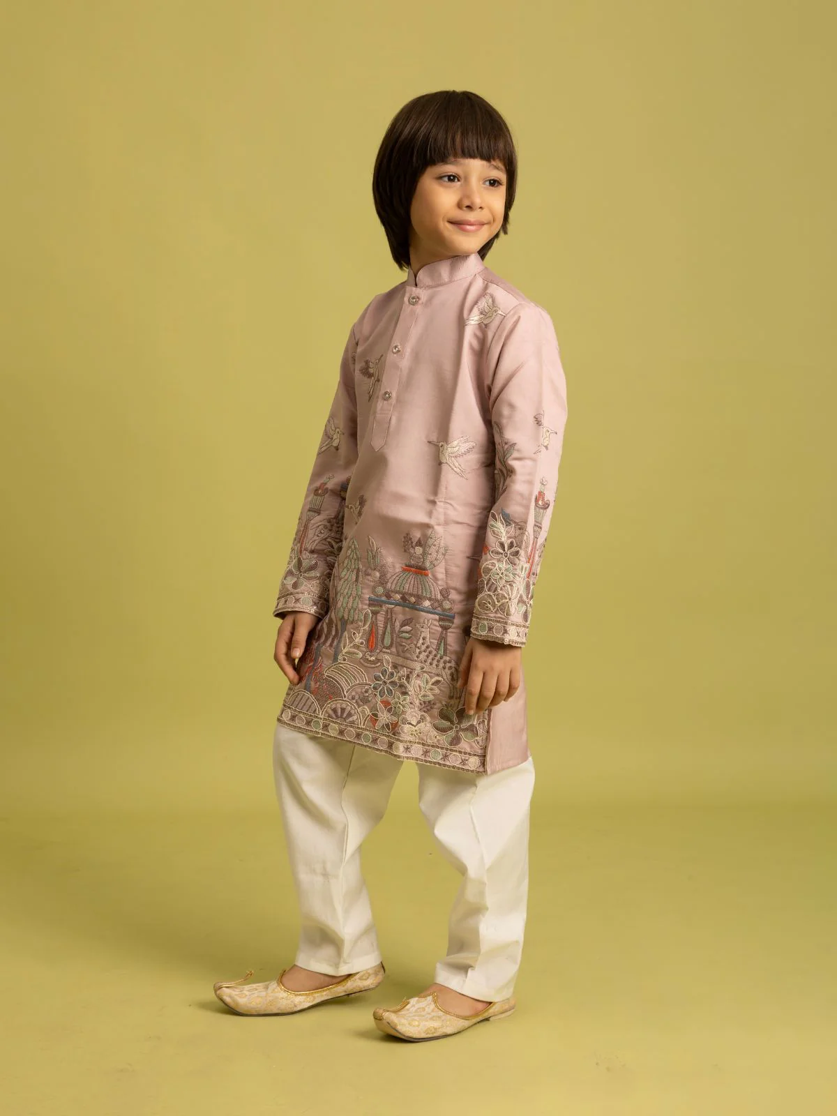 Odette Peach Viscose Silk Embroidered Kurta Set For Kids - Image 2