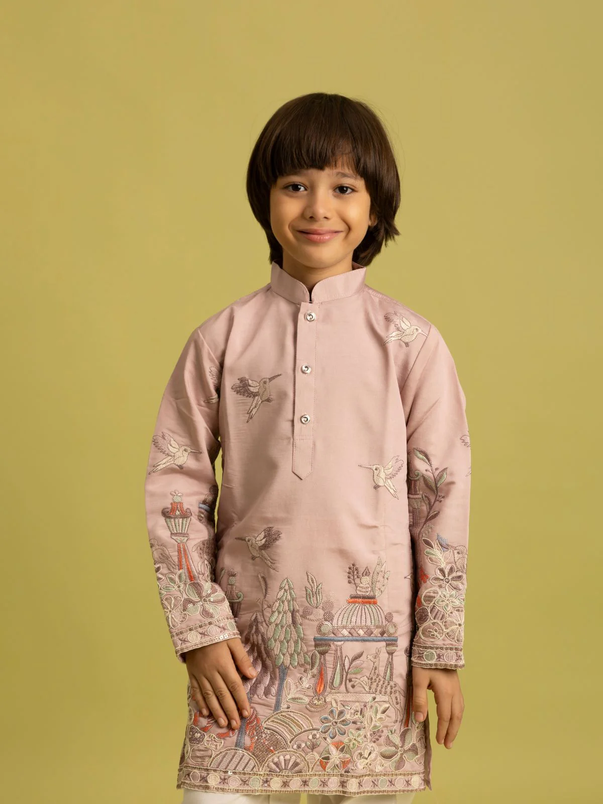 Odette Peach Viscose Silk Embroidered Kurta Set For Kids - Image 4