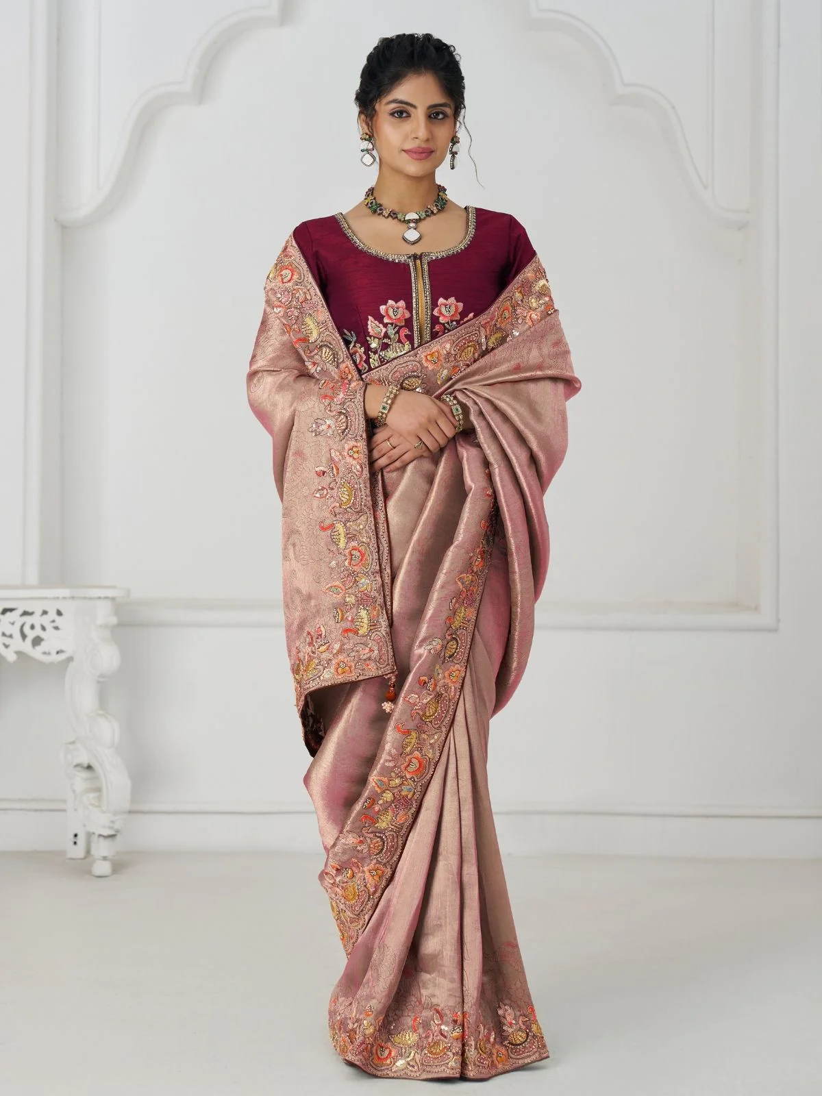 Odette Peach Viscose Silk Embroidered Saree For Women - Image 3