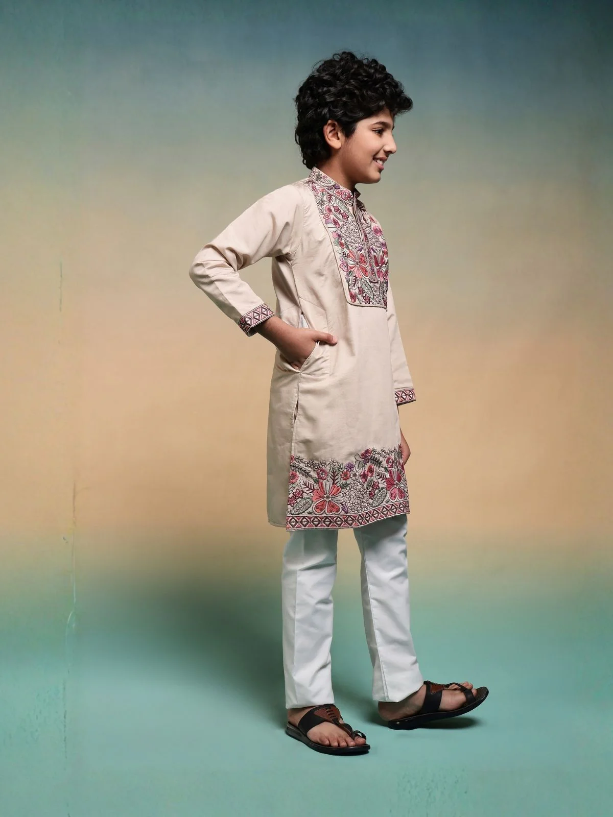 Odette Peach Viscose Silk Embroidered Stitched Kurta Set For Kids - Image 3