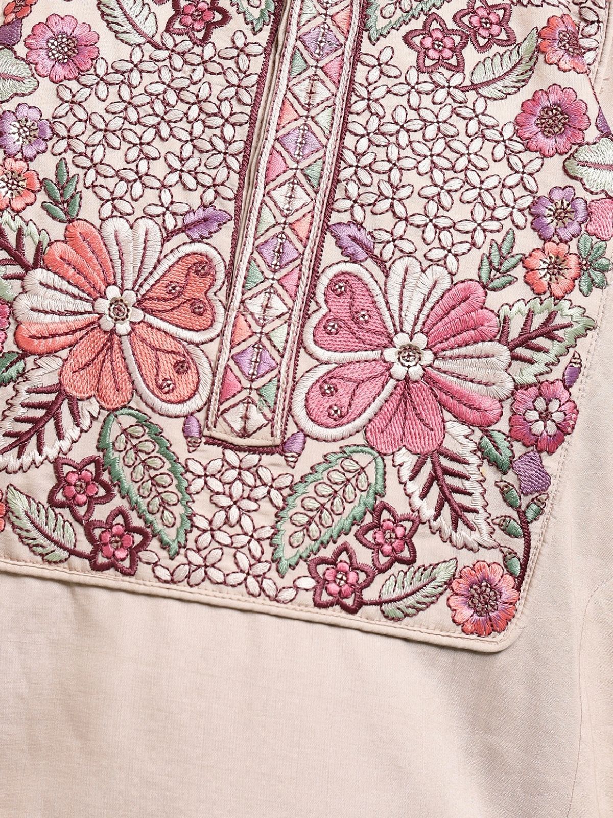 Odette Peach Viscose Silk Embroidered Stitched Kurta Set For Kids - Image 6