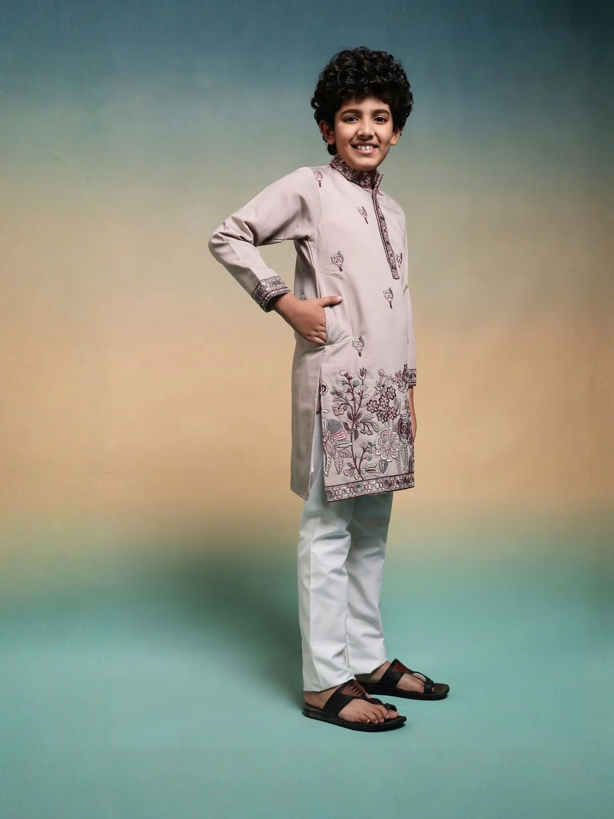 Odette Peach Viscose Silk Embroidered Stitched Kurta Set For Kids - Image 2