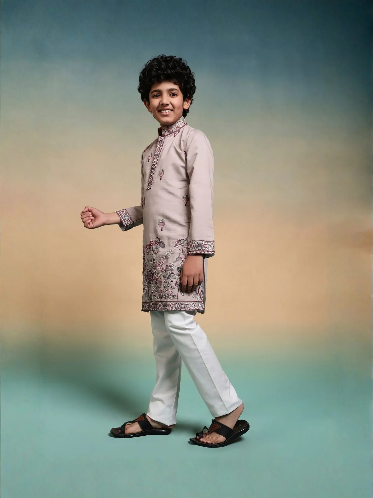 Odette Peach Viscose Silk Embroidered Stitched Kurta Set For Kids - Image 3