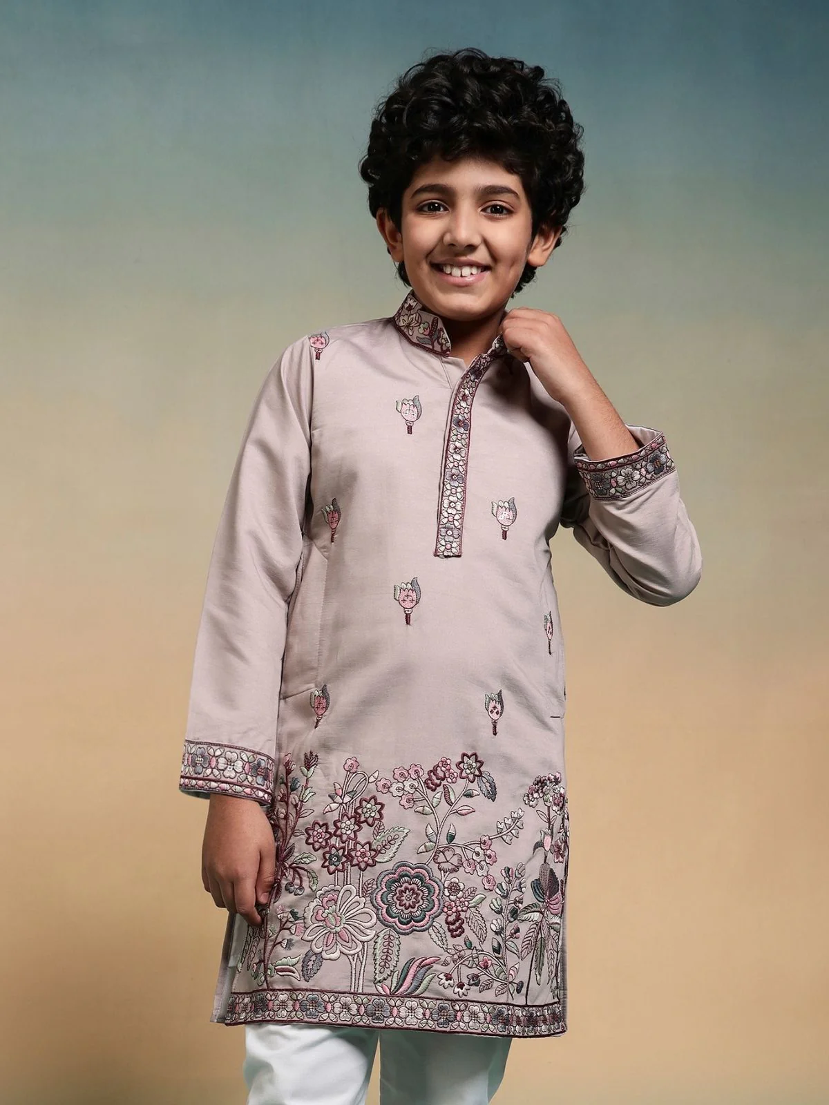 Odette Peach Viscose Silk Embroidered Stitched Kurta Set For Kids - Image 5