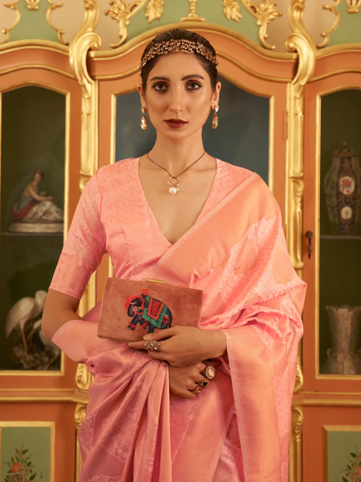 Odette Peach Woven Design Silk Blend Saree With Unstitched Blouse For Women - Image 2