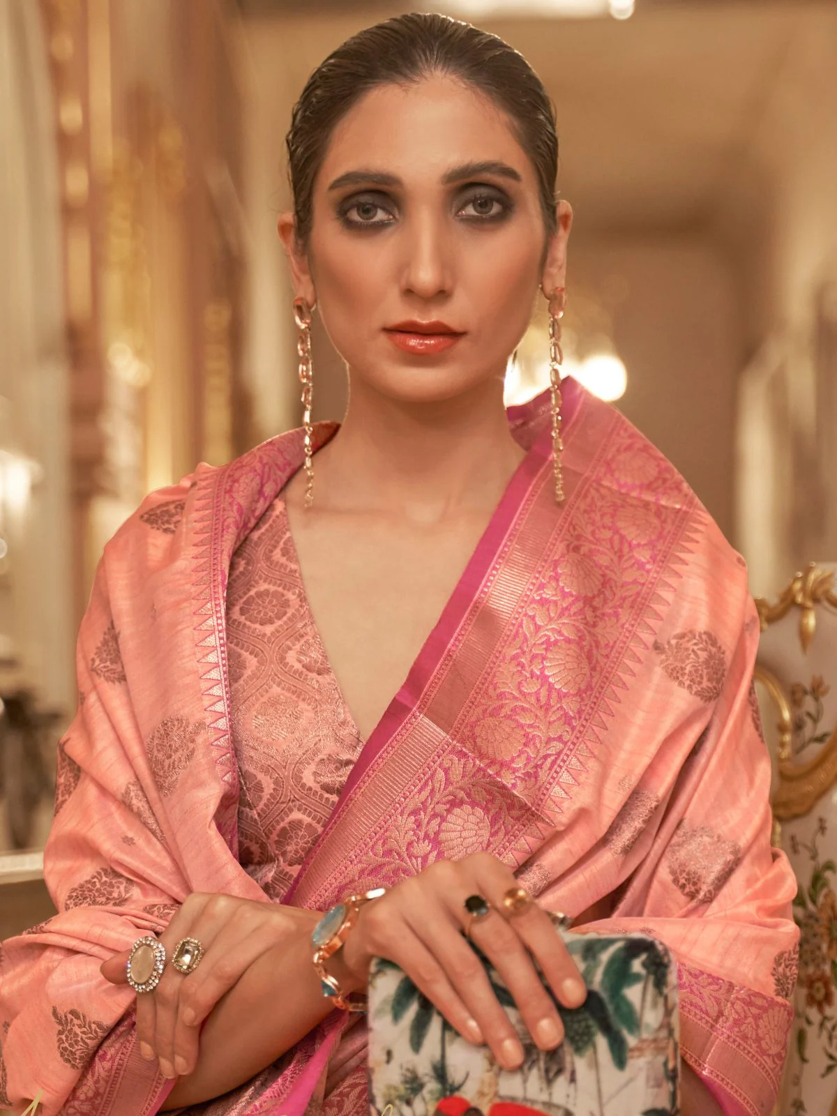 Odette Peach Woven Design Silk Blend Saree With Unstitched Blouse For Women - Image 2