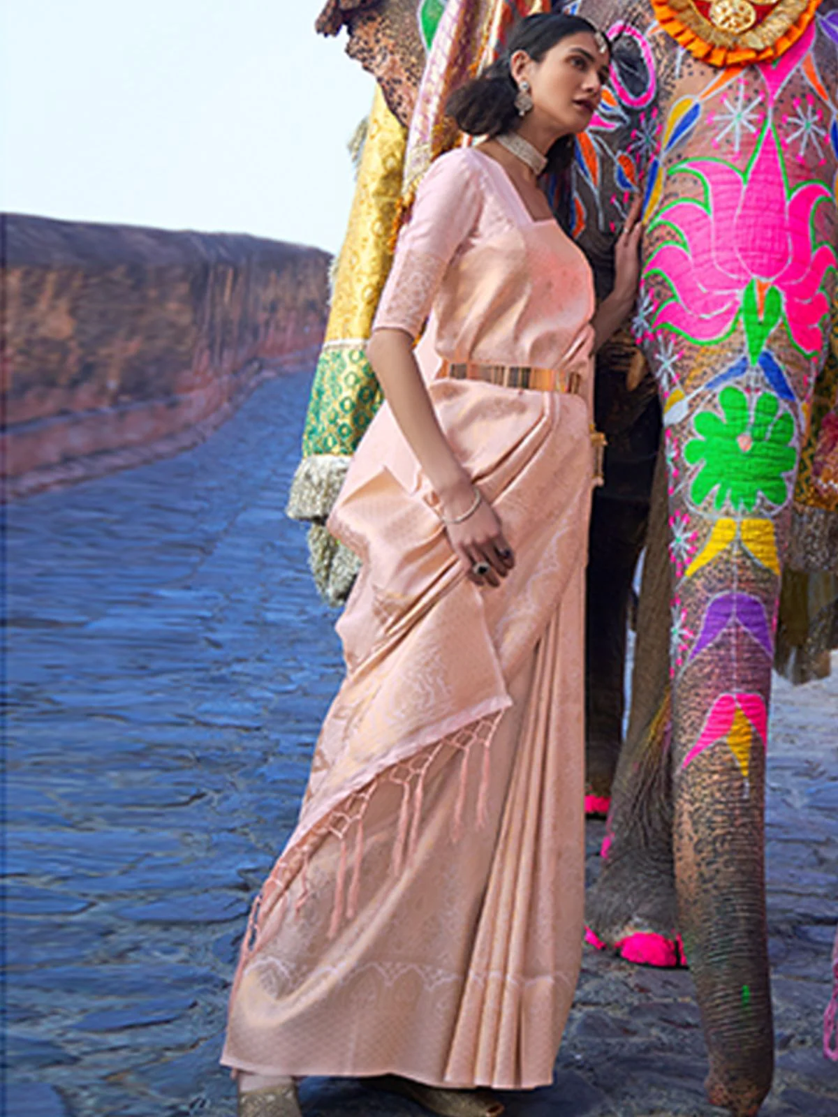 Odette Peach Woven Design Silk Blend Saree With Unstitched Blouse For Women - Image 2