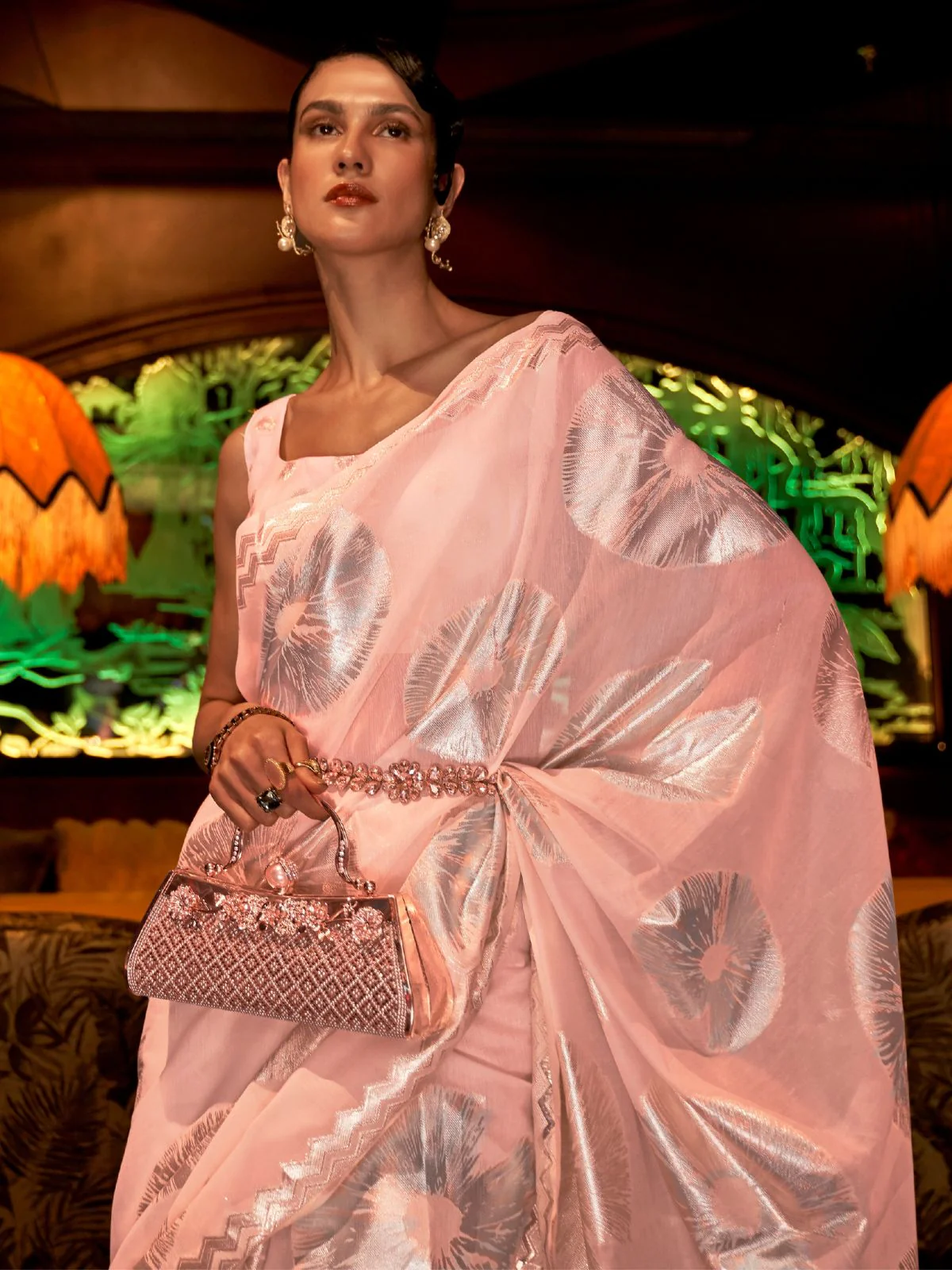 Odette Peach Woven Design Silk Blend Saree With Unstitched Blouse For Women - Image 2