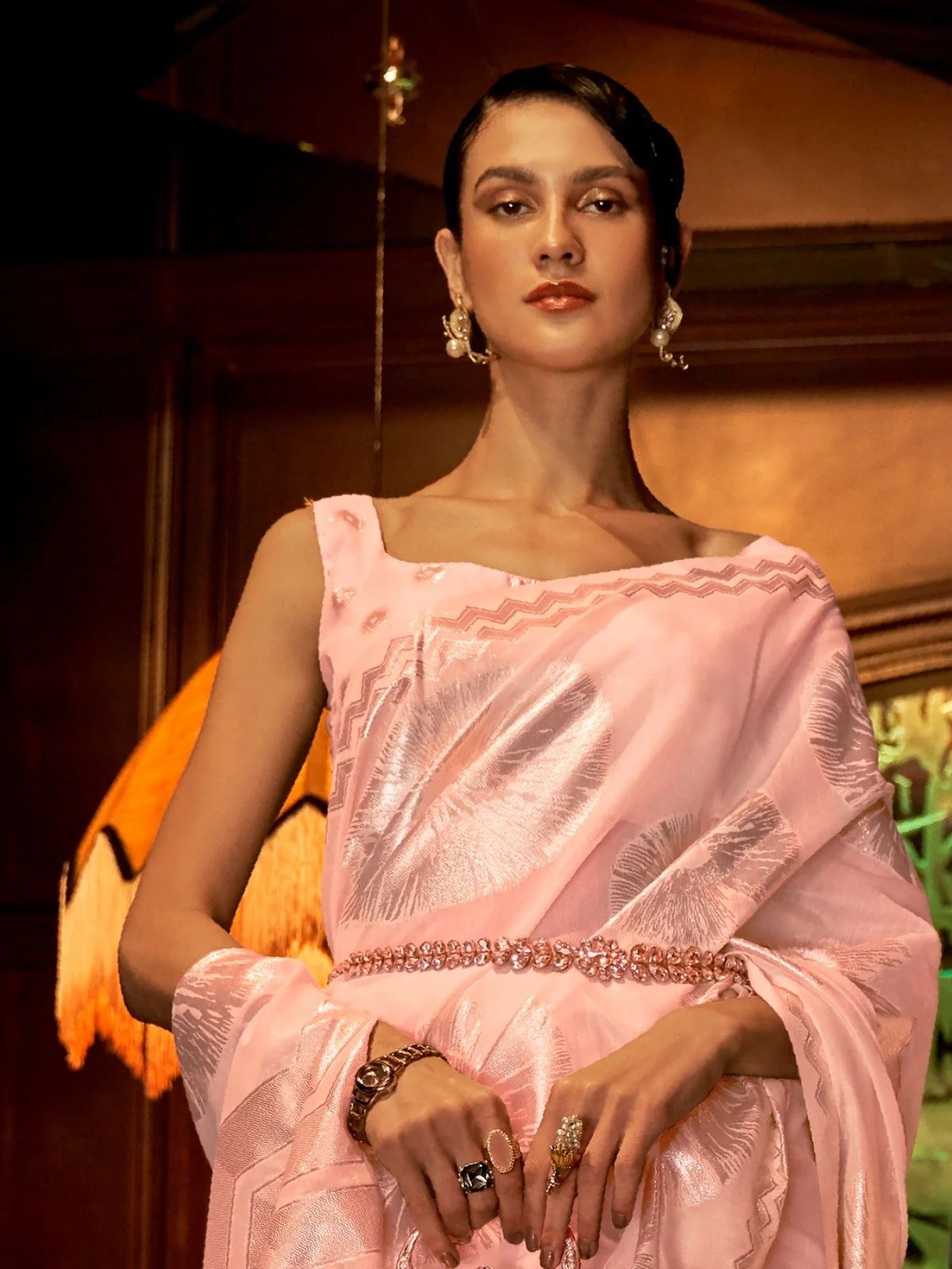 Odette Peach Woven Design Silk Blend Saree With Unstitched Blouse For Women - Image 3