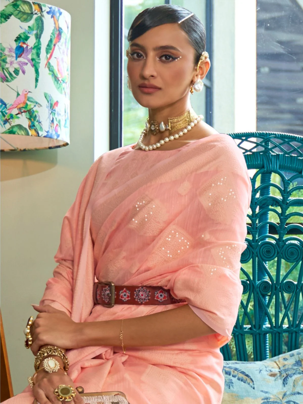 Odette Peach Woven Design Silk Blend Saree With Unstitched Blouse For Women - Image 3