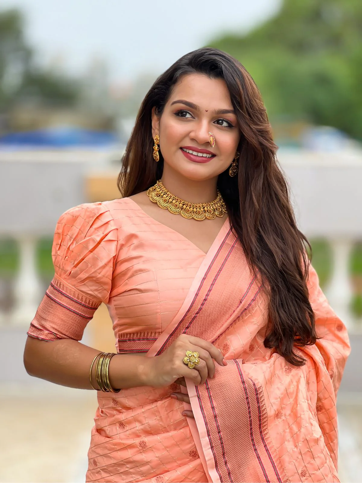 Odette Peach Woven Design Silk Blend Saree With Unstitched Blouse For Women - Image 3