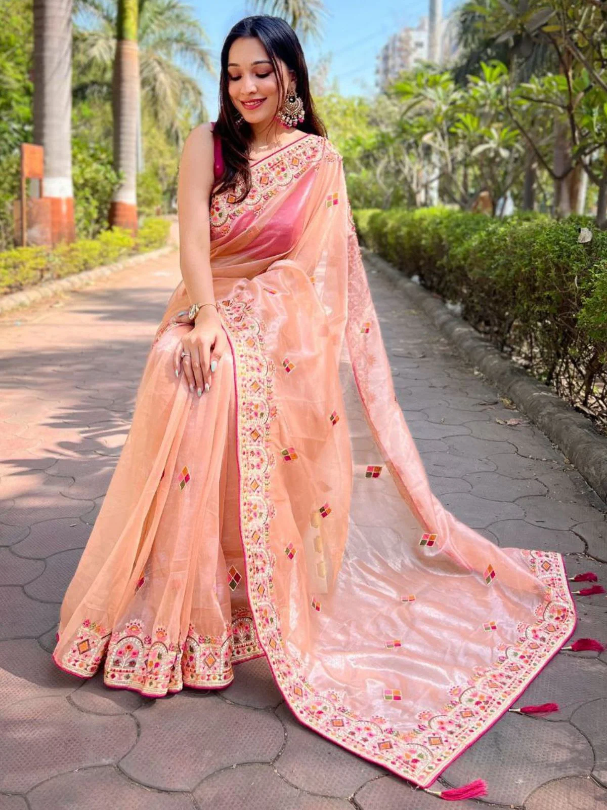 Odette Peach Embroidered Net Saree With Unstitched Blouse For Women - Image 2