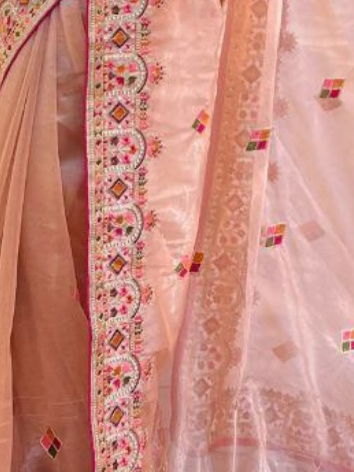 Odette Peach Embroidered Net Saree With Unstitched Blouse For Women - Image 4