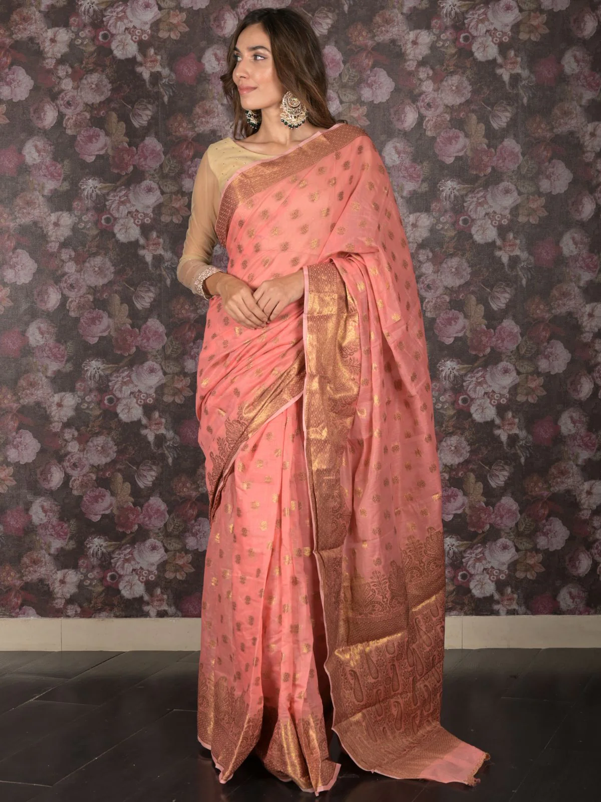 Odette Peach Woven Silk Blend Saree With Unstitched Blouse For Women - Image 2