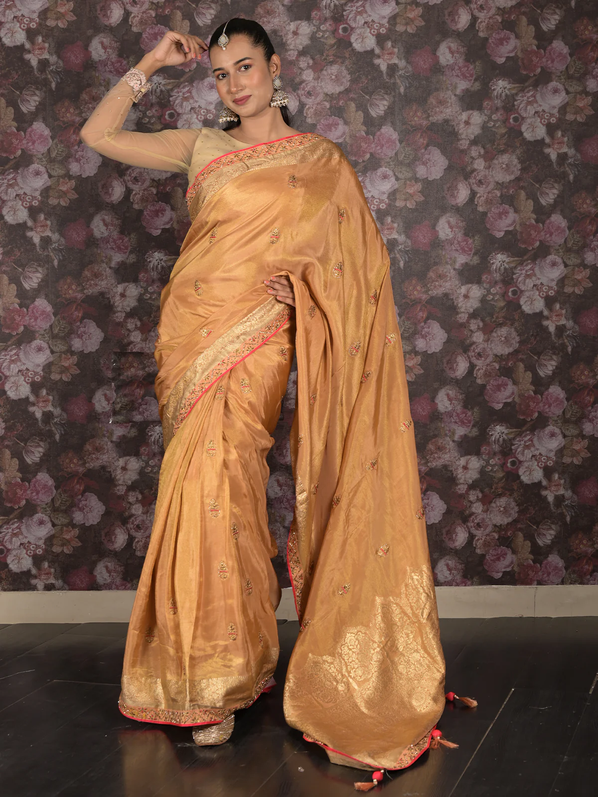 Odette Peach Zari and Stone Embroidered Crepe Saree with Unstitched Blouse for Women - Image 2