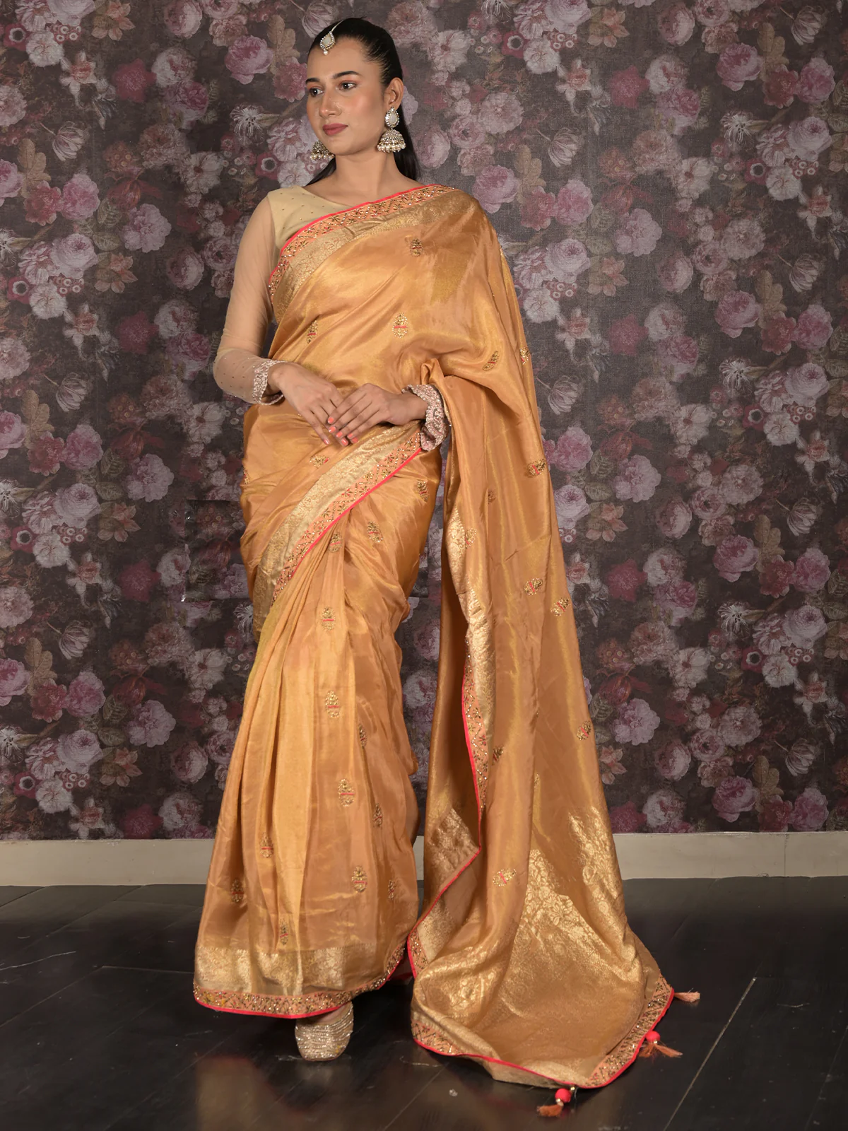 Odette Peach Zari and Stone Embroidered Crepe Saree with Unstitched Blouse for Women - Image 3