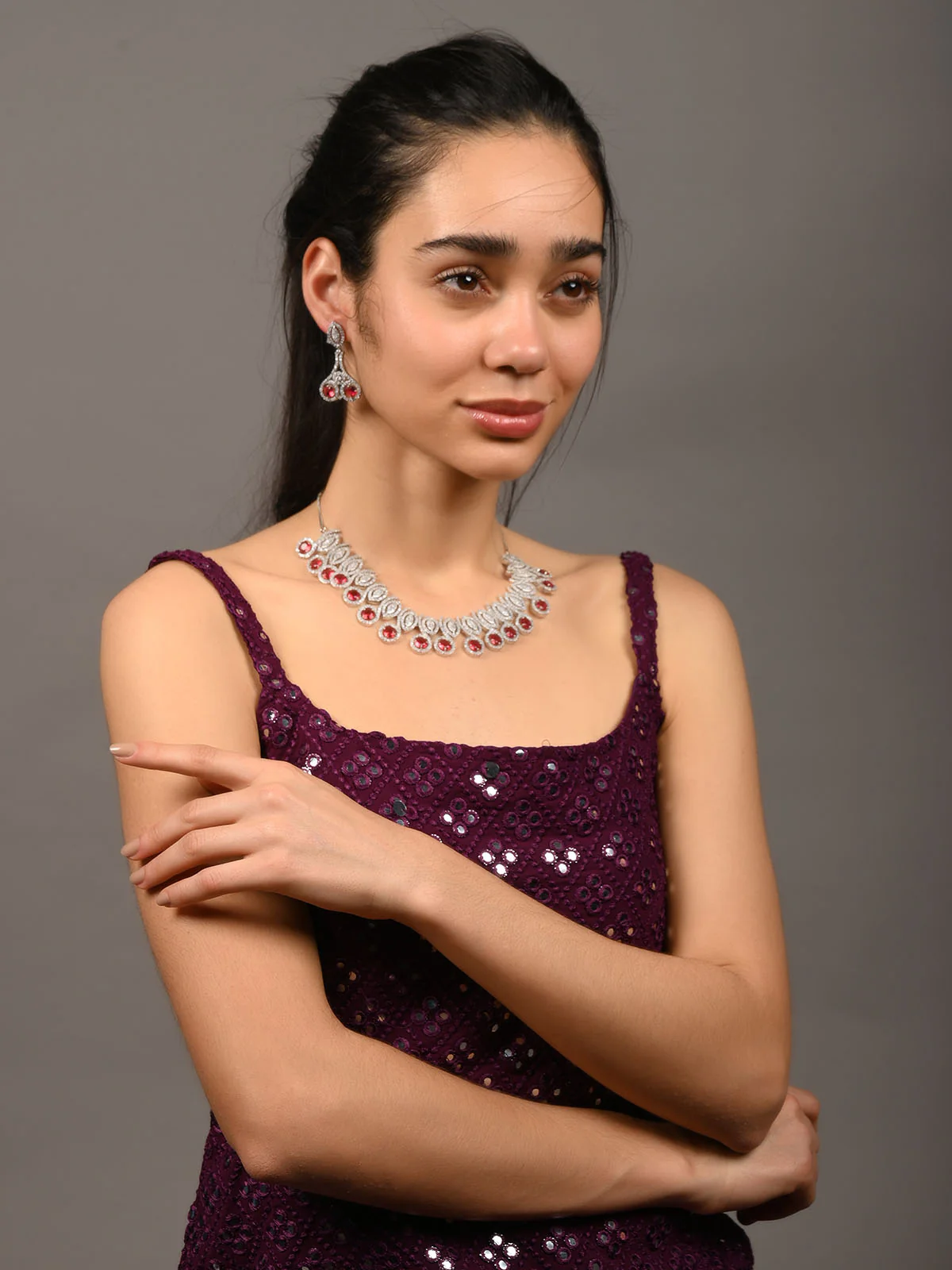 Odette Pink Alloy Embellished Jewellery Set For Women - Image 2