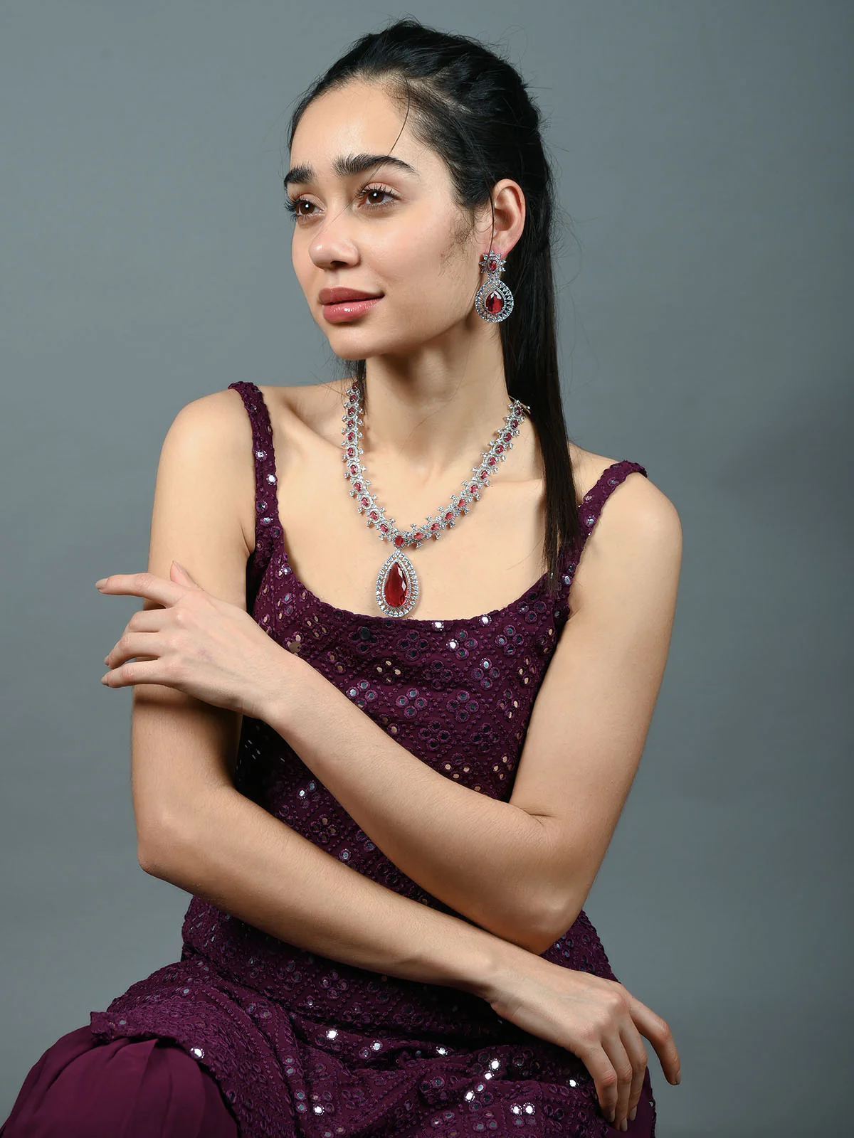Odette Pink Alloy Embellished Jewellery Set For Women - Image 2