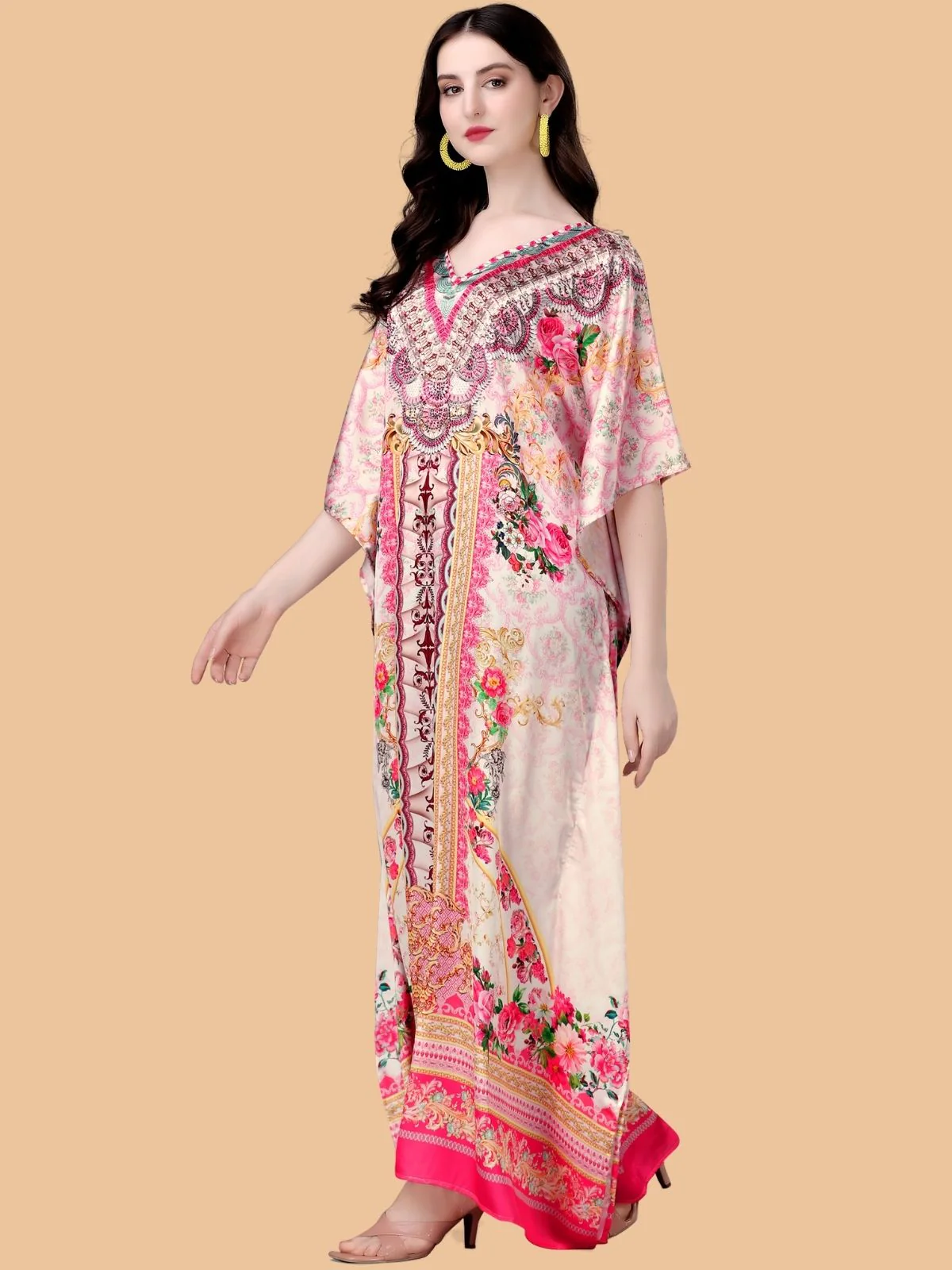 Odette Pink And Beige Satin Printed Kaftan For Women - Image 2