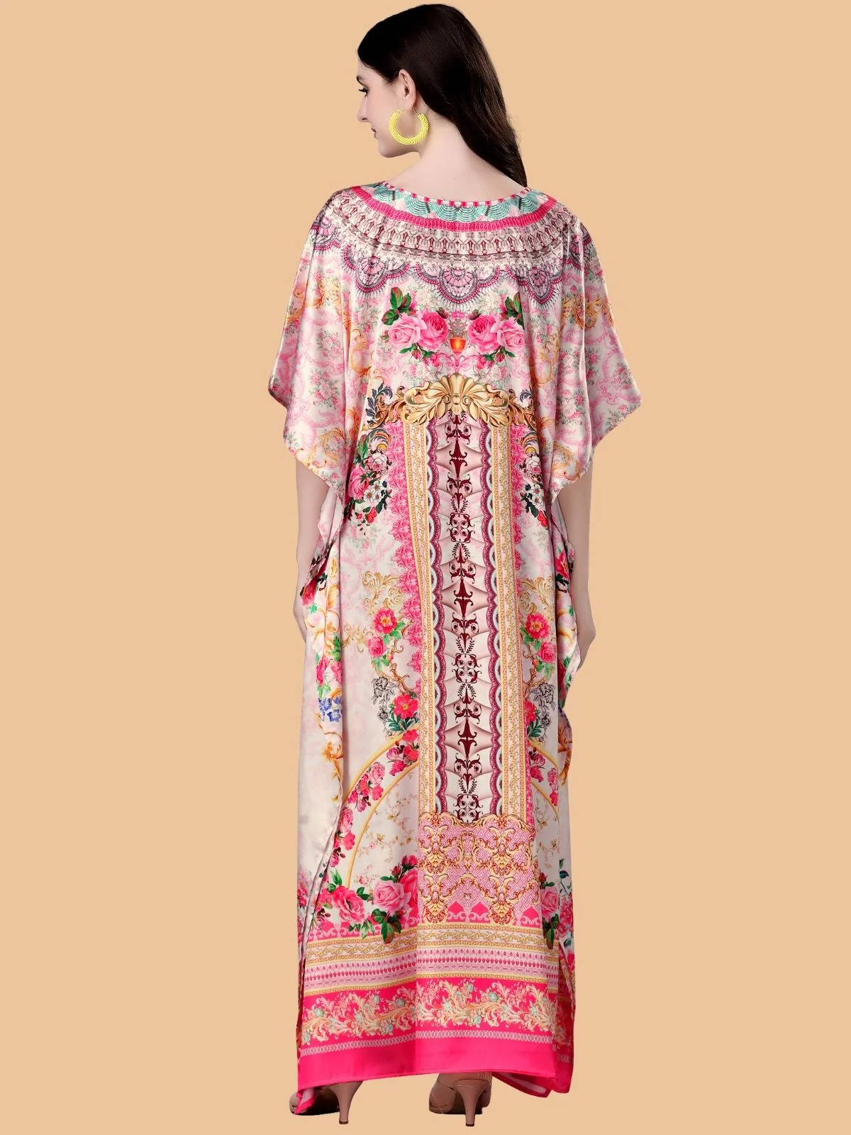Odette Pink And Beige Satin Printed Kaftan For Women - Image 3