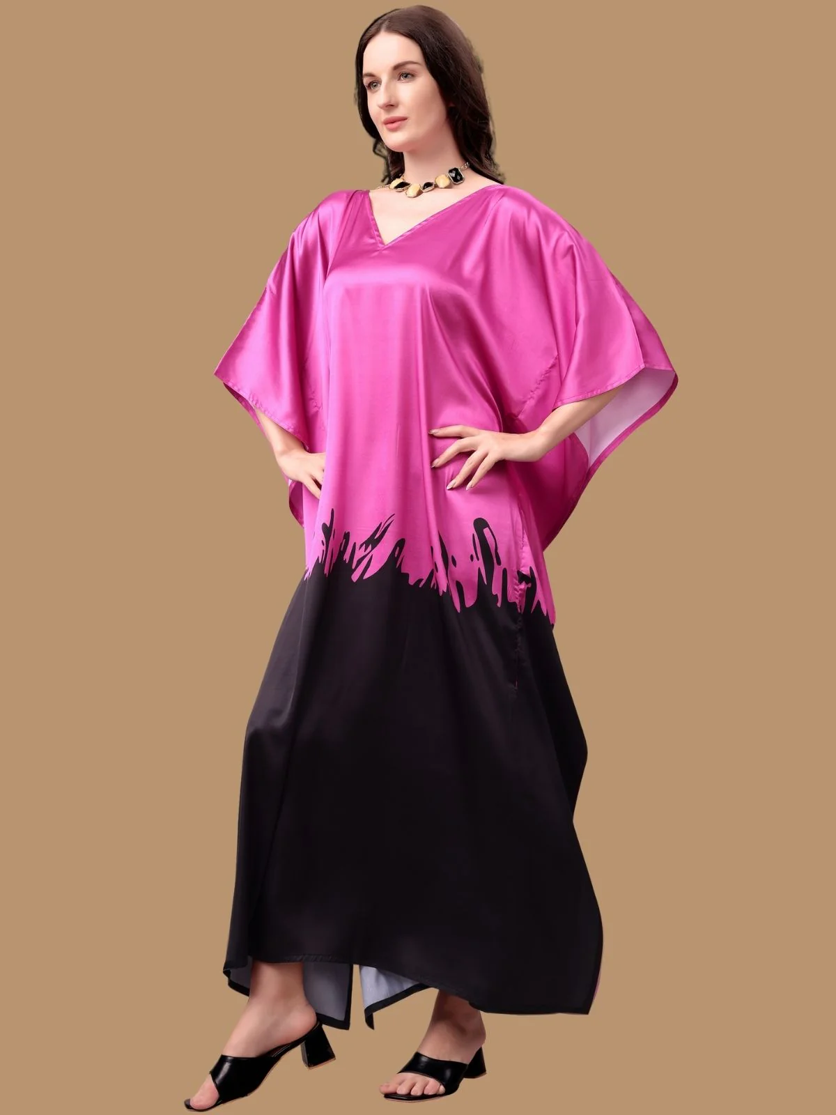 Odette Pink And Black Satin Printed Kaftan For Women - Image 2
