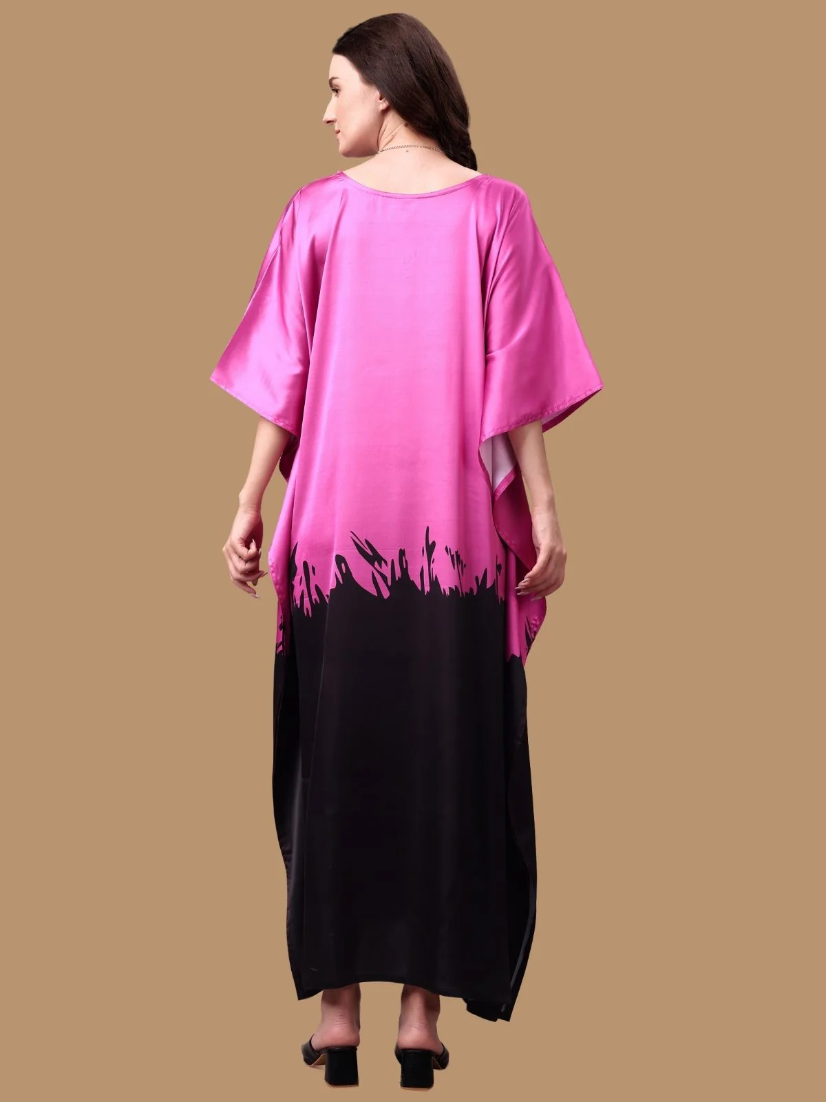 Odette Pink And Black Satin Printed Kaftan For Women - Image 3