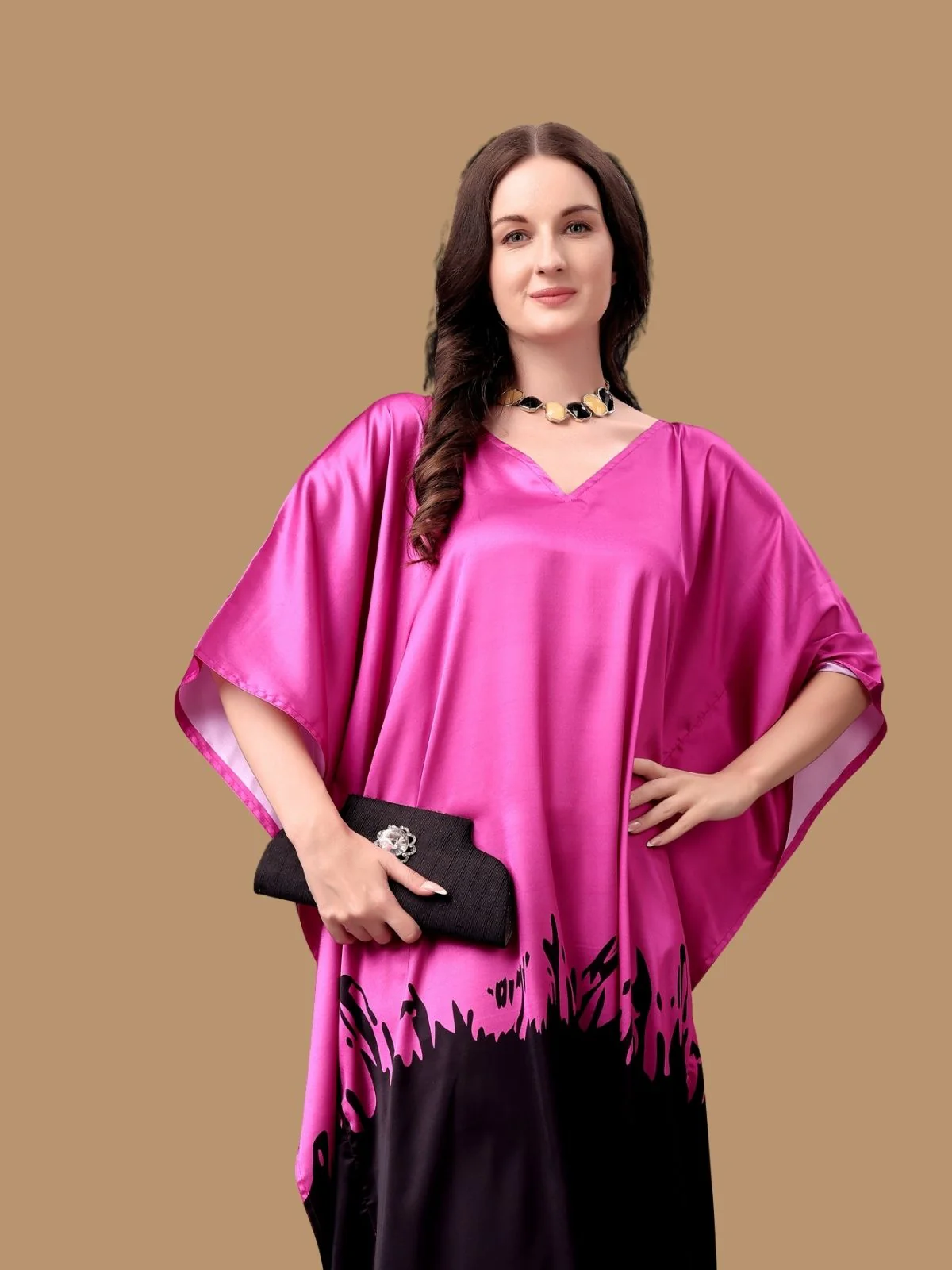 Odette Pink And Black Satin Printed Kaftan For Women - Image 4