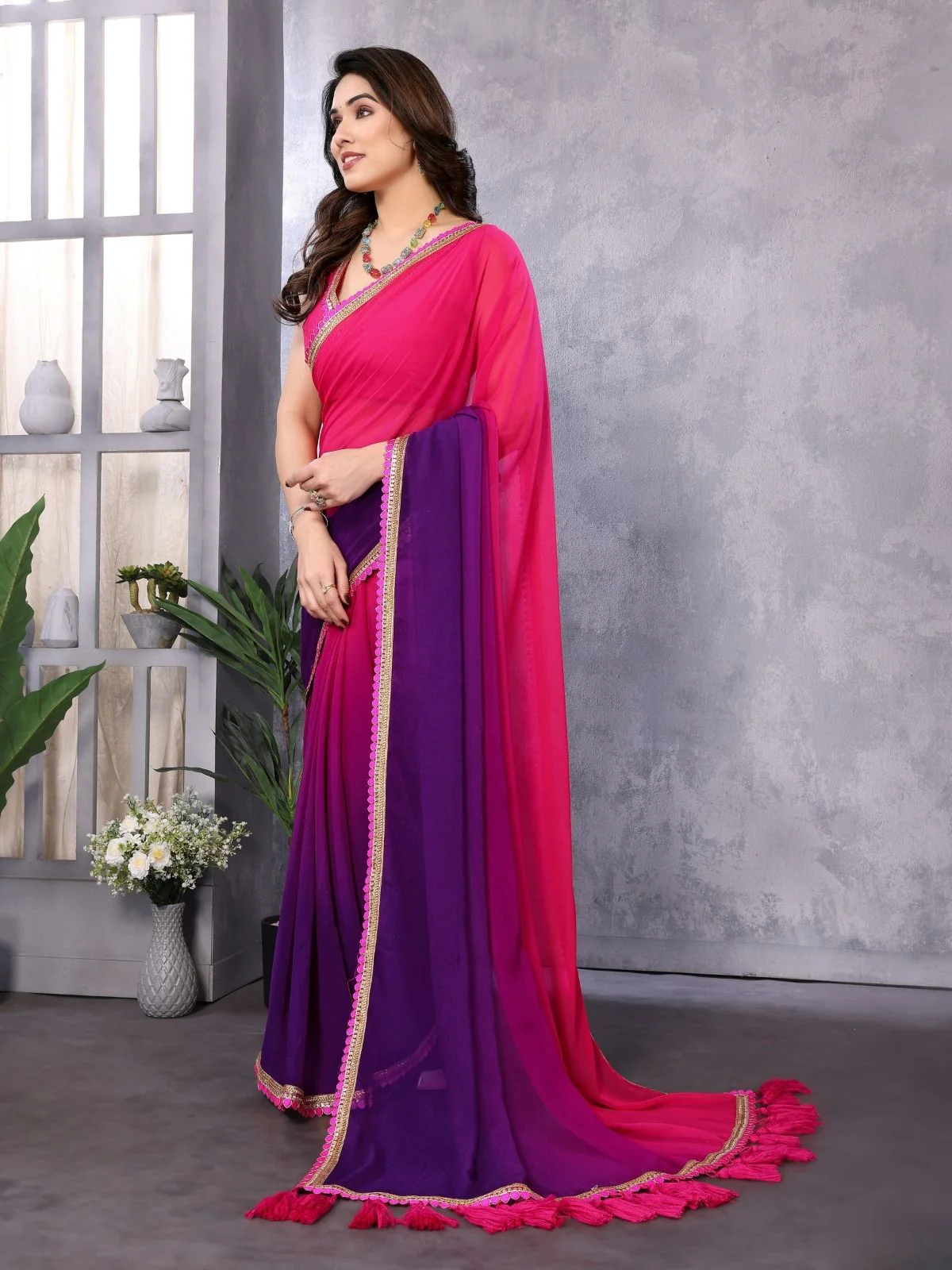 Odette Pink And Blue Georgette Lace Work Saree With Unstitched Blouse For Women - Image 3