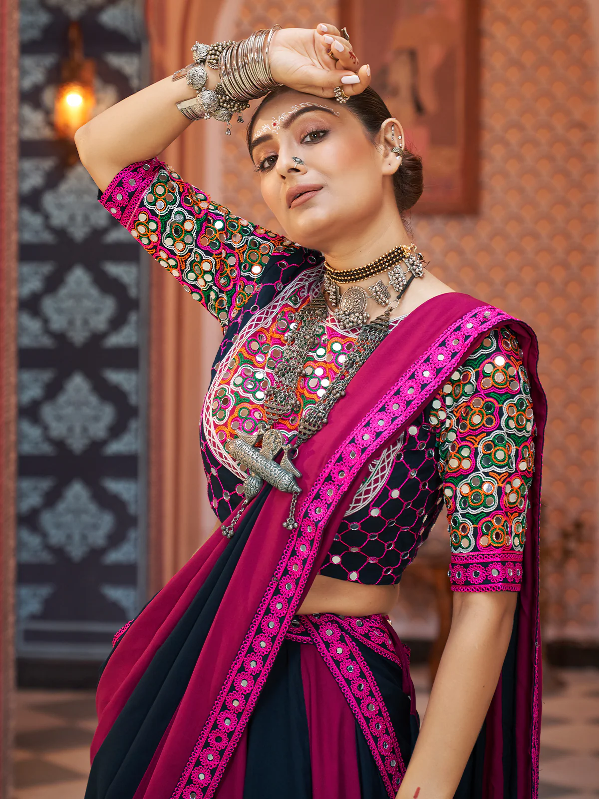 Odette Pink And Blue Rayon Embroidered Stitched Lehenga With Blouse For Women - Image 4