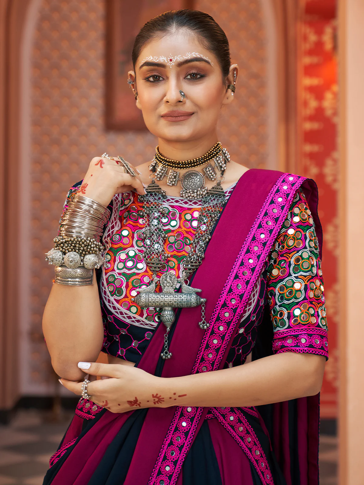 Odette Pink And Blue Rayon Embroidered Stitched Lehenga With Blouse For Women - Image 5