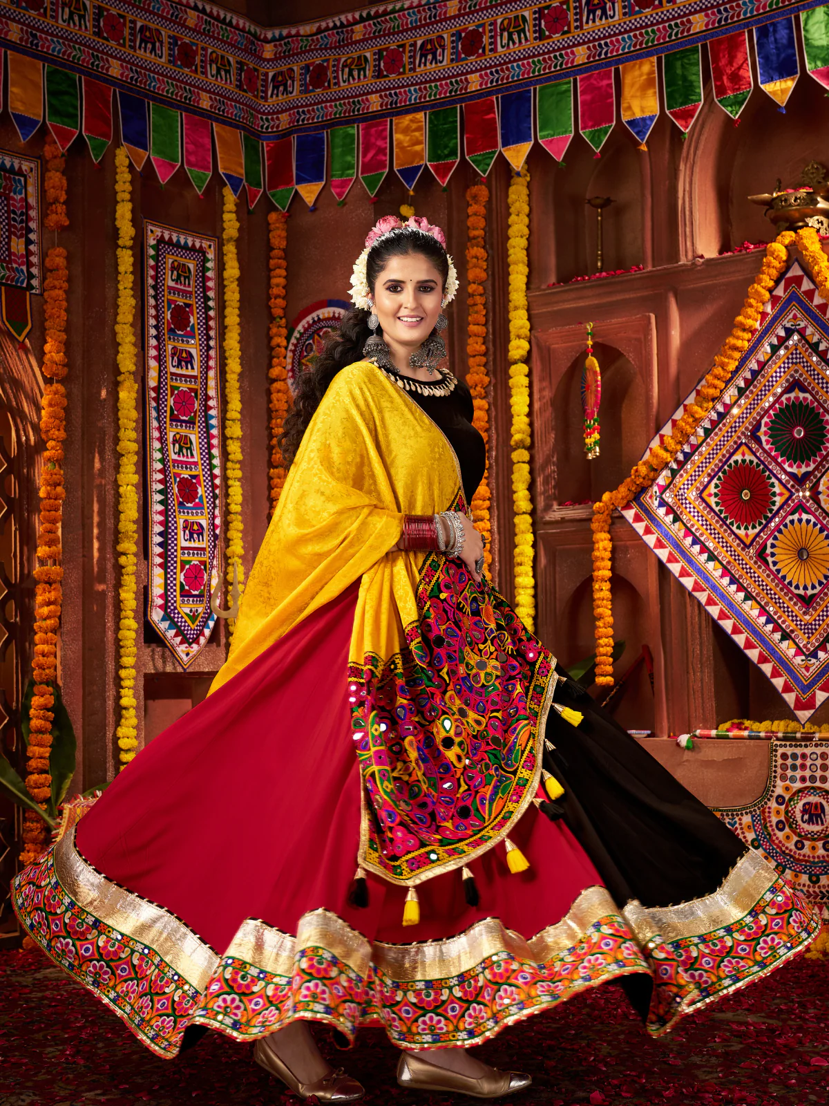 Odette Pink And Brown Cotton Blend Embroidered Semi-Stitched lehenga For Women - Image 3