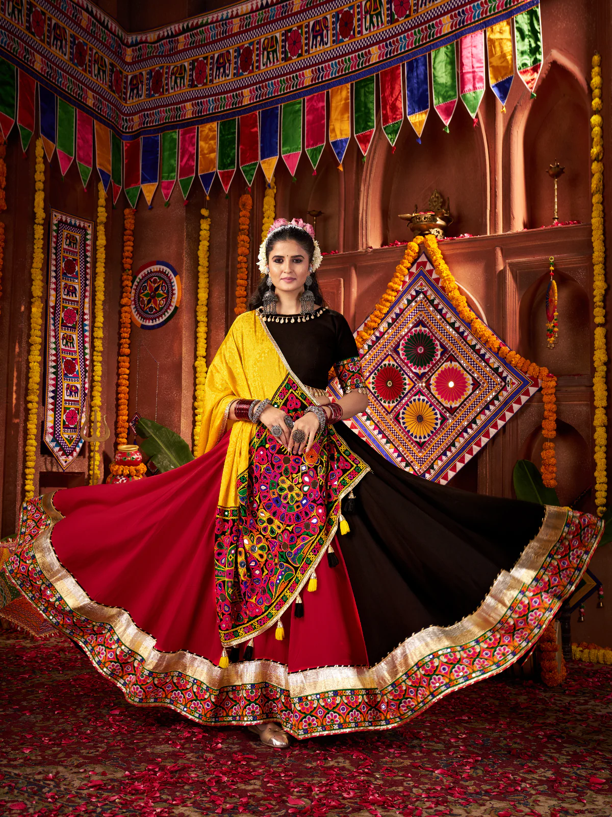 Odette Pink And Brown Cotton Blend Embroidered Semi-Stitched lehenga For Women - Image 6