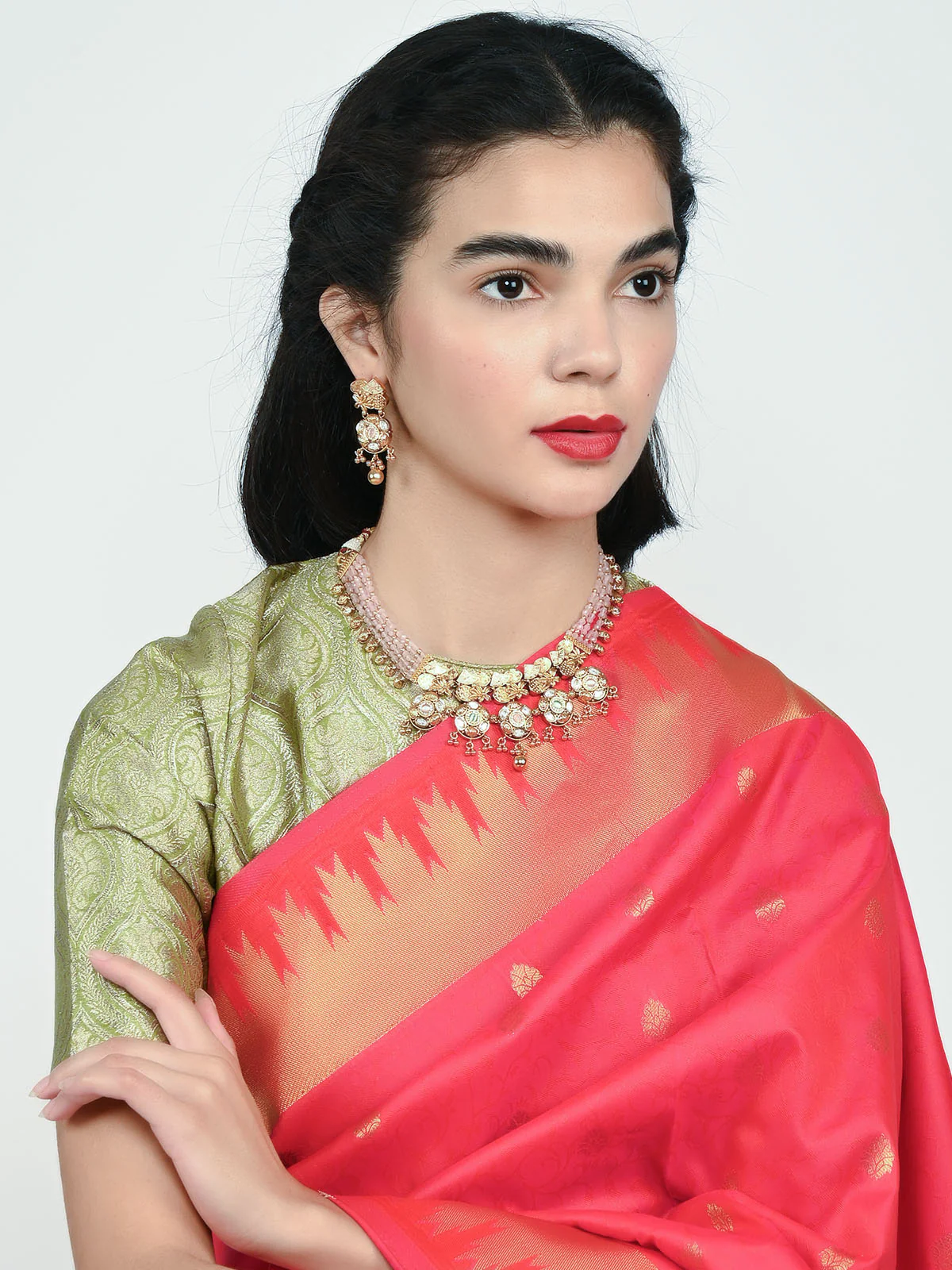 Odette Pink And Golden Alloy Beaded Pearl Jewellery Set For Women - Image 2
