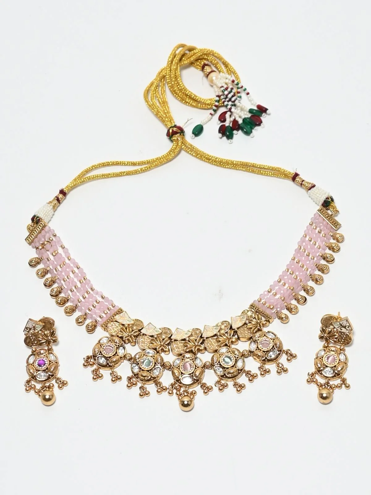 Odette Pink And Golden Alloy Beaded Pearl Jewellery Set For Women - Image 3
