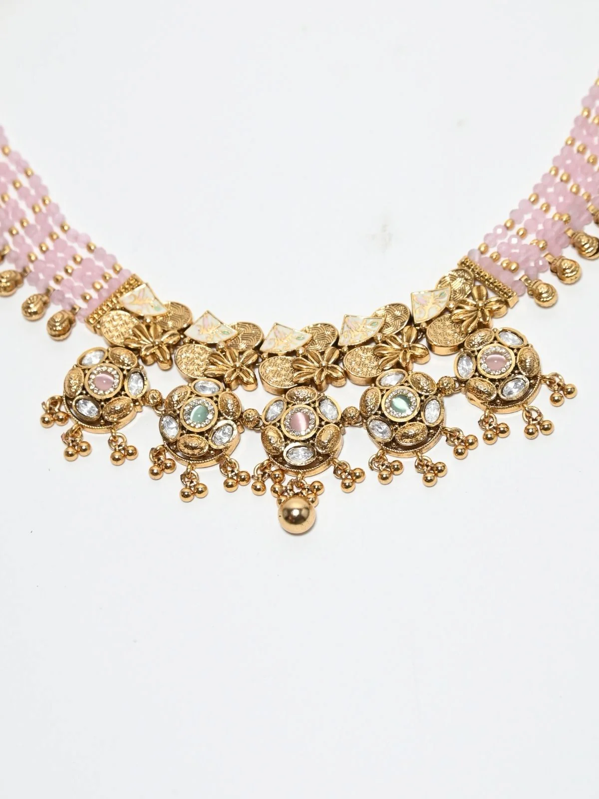 Odette Pink And Golden Alloy Beaded Pearl Jewellery Set For Women - Image 5