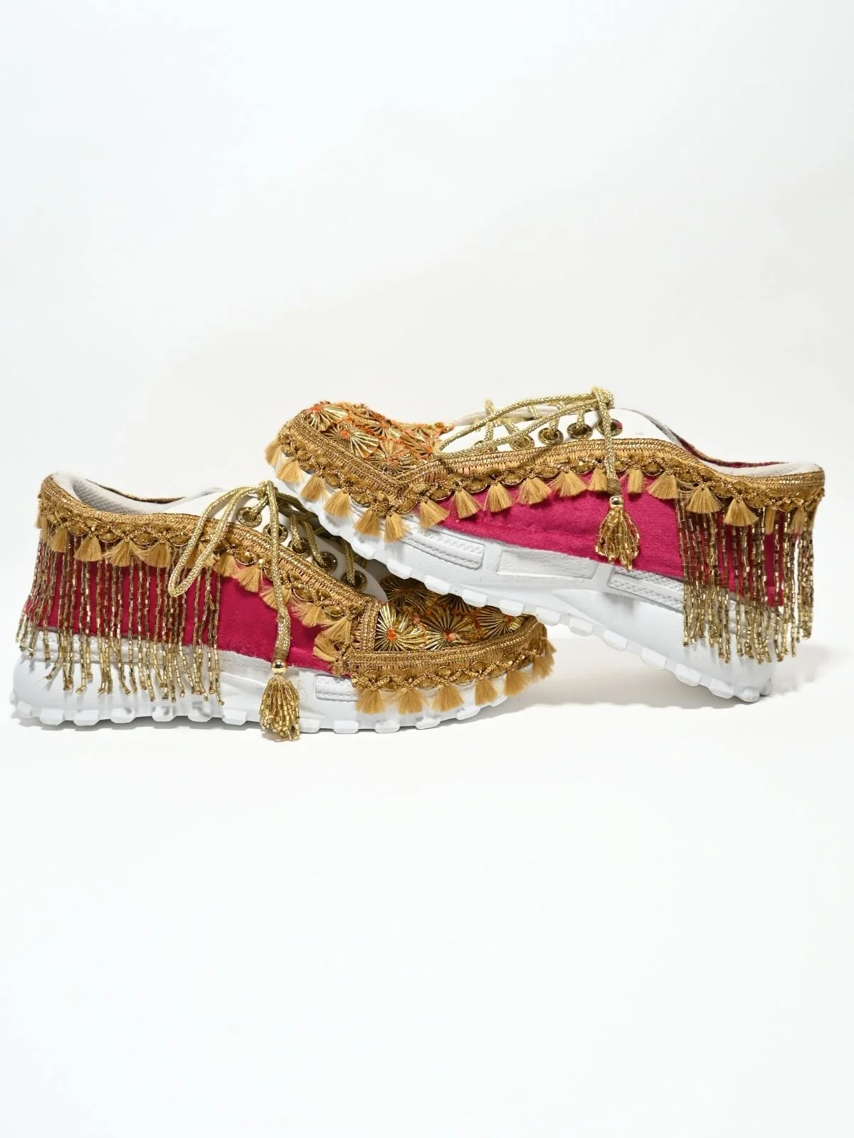Odette Pink And Golden PU Embellished Shoes For Women - Image 7
