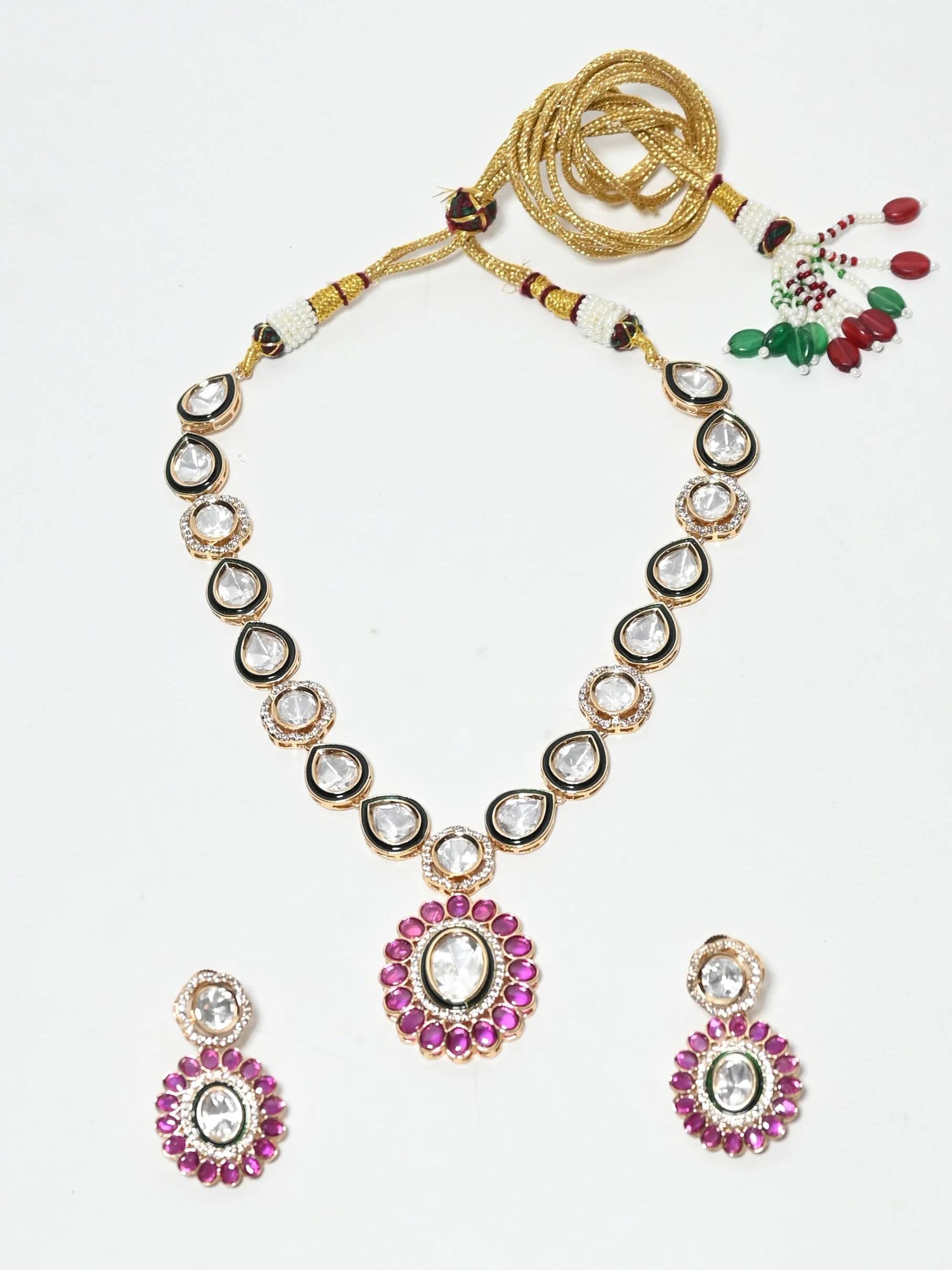 Odette Pink And Green Alloy Stone Jewellery Set For Women - Image 2
