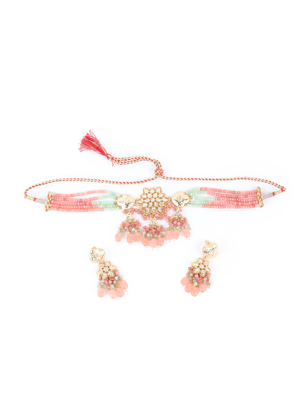 Odette Pink And Green Beads Choker Neckpiece For Women - Image 2