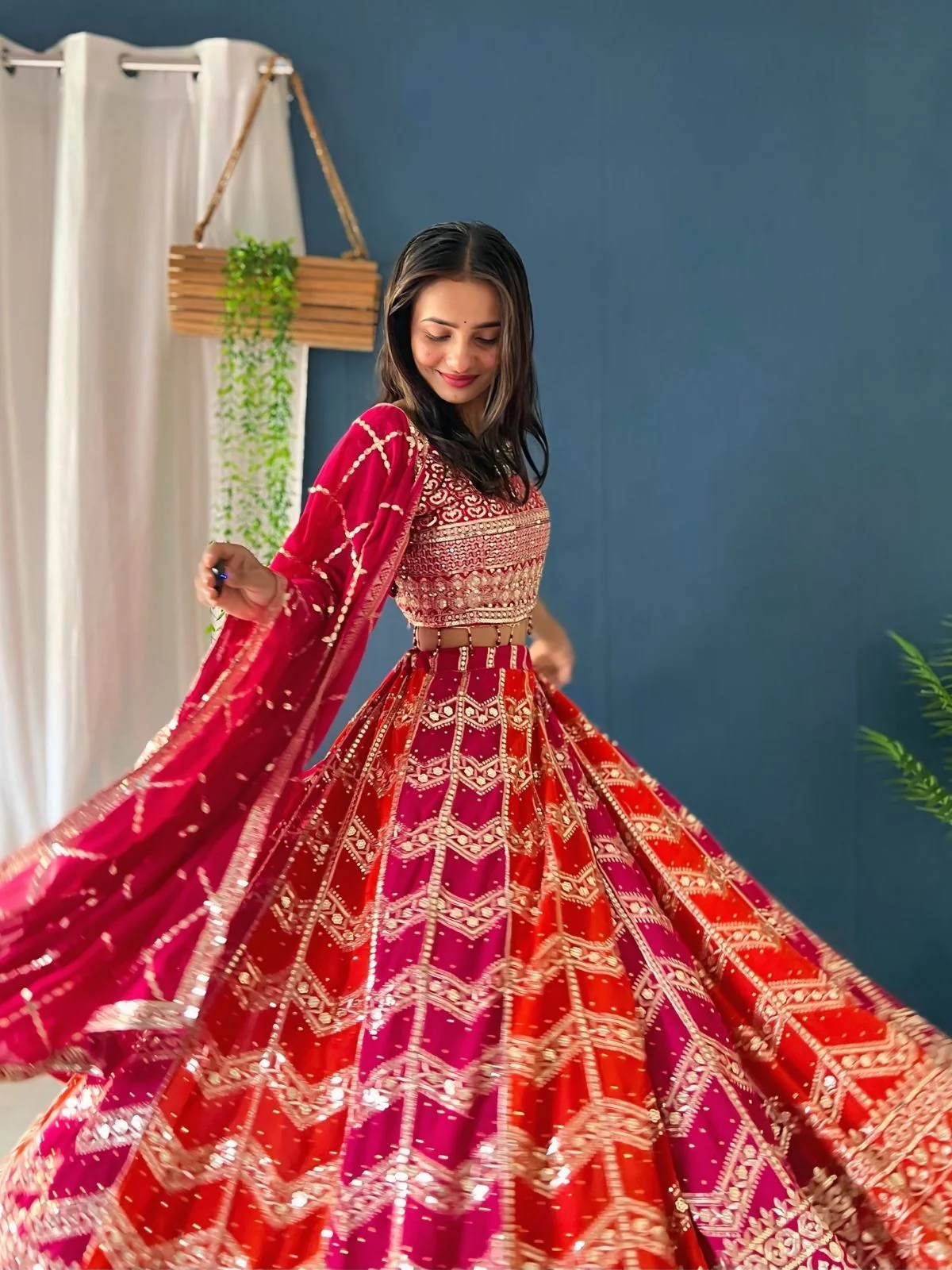 Odette Pink And Orange Georgette Embellished Semi-Stitched lehenga For Women - Image 3