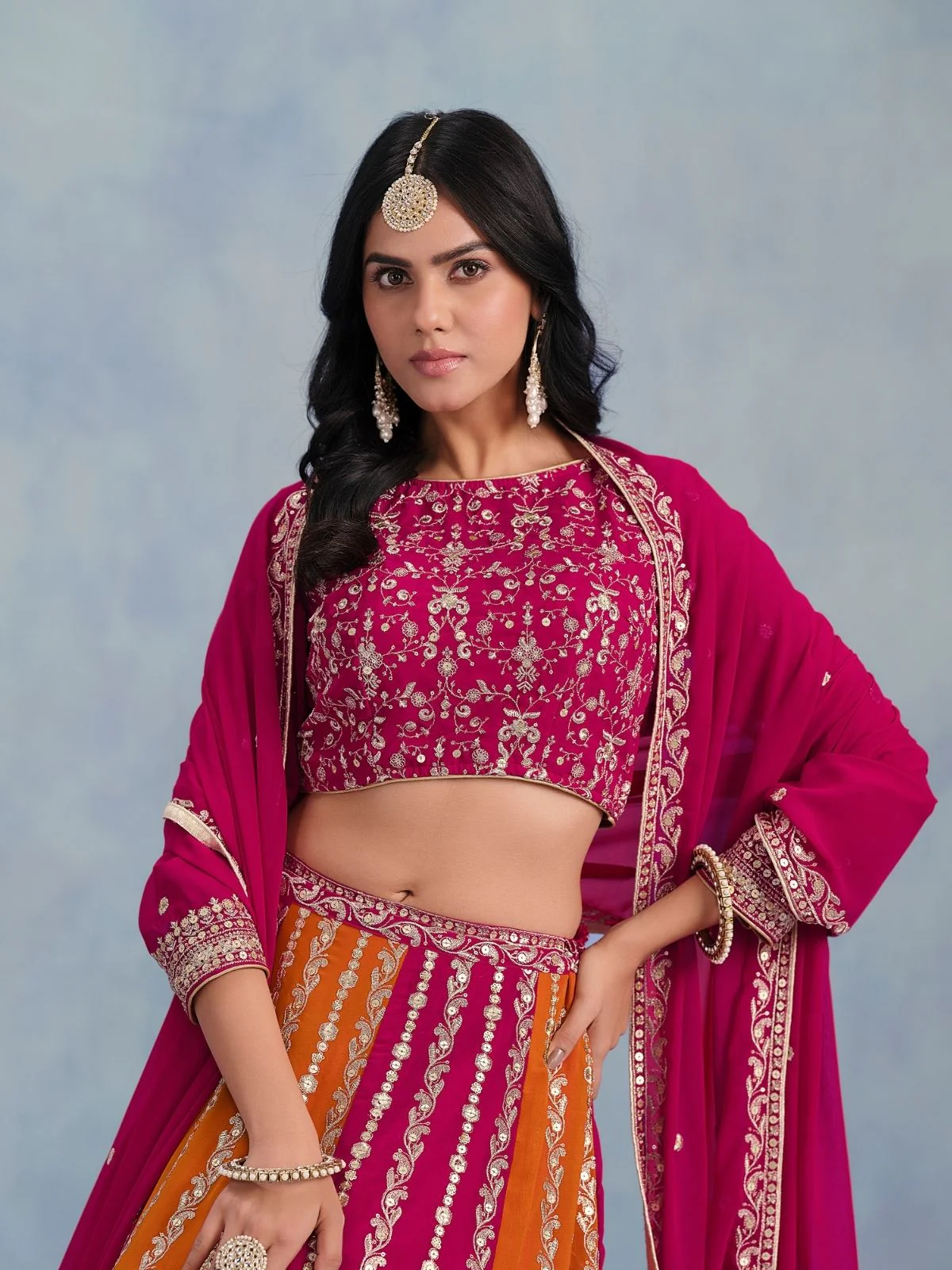 Odette Pink And Orange Georgette Embroidered Semi-Stitched lehenga For Women - Image 3