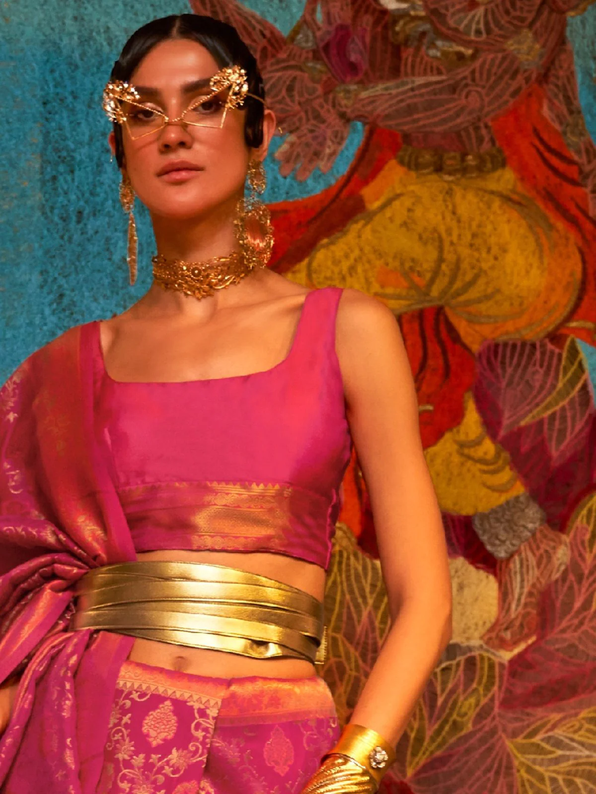 Odette Pink And Orange Woven Design Silk Blend Saree With Unstitched Blouse For Women - Image 3
