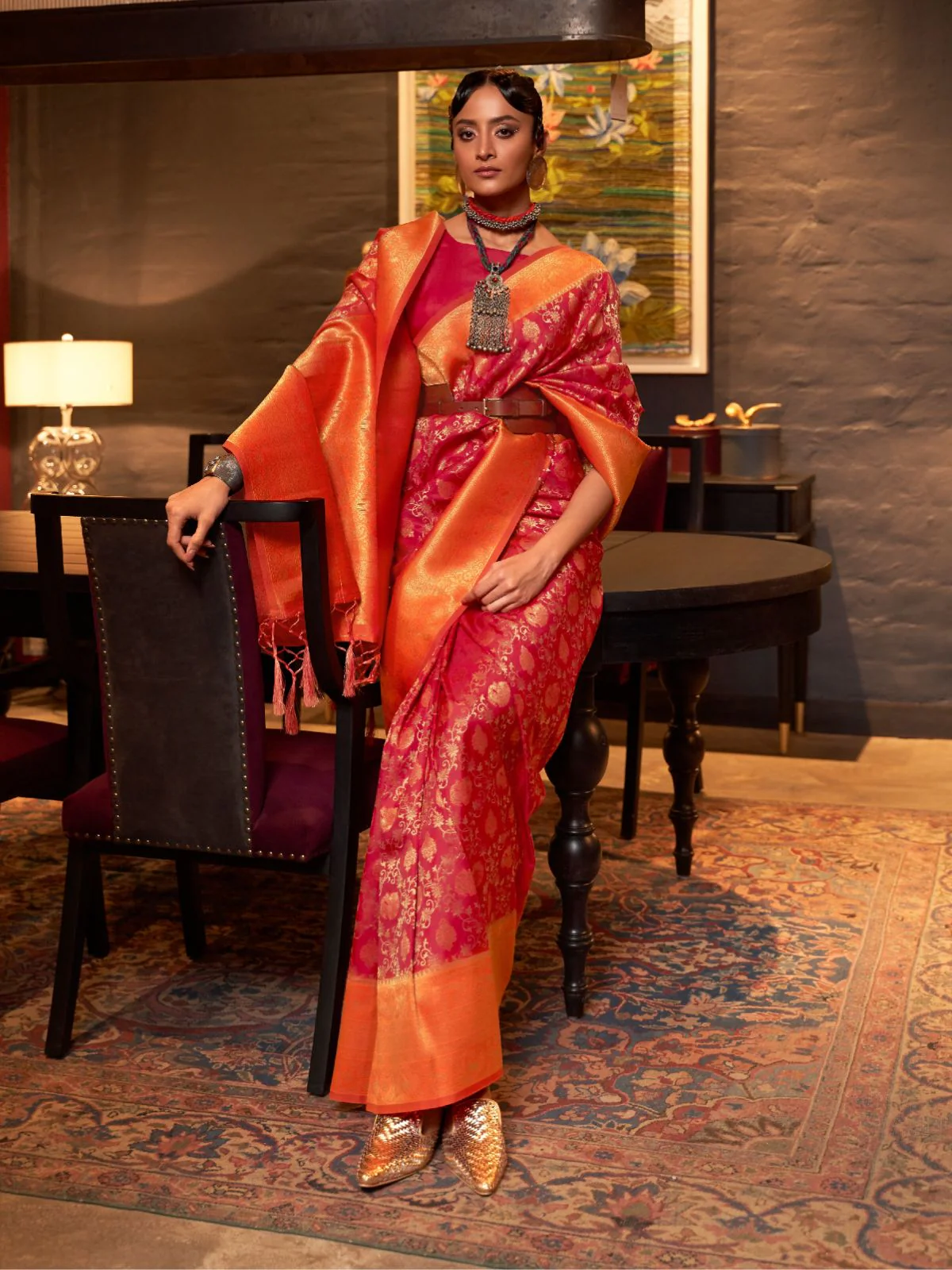 Odette Pink And Orange Woven Design Silk Blend Saree With Unstitched Blouse For Women