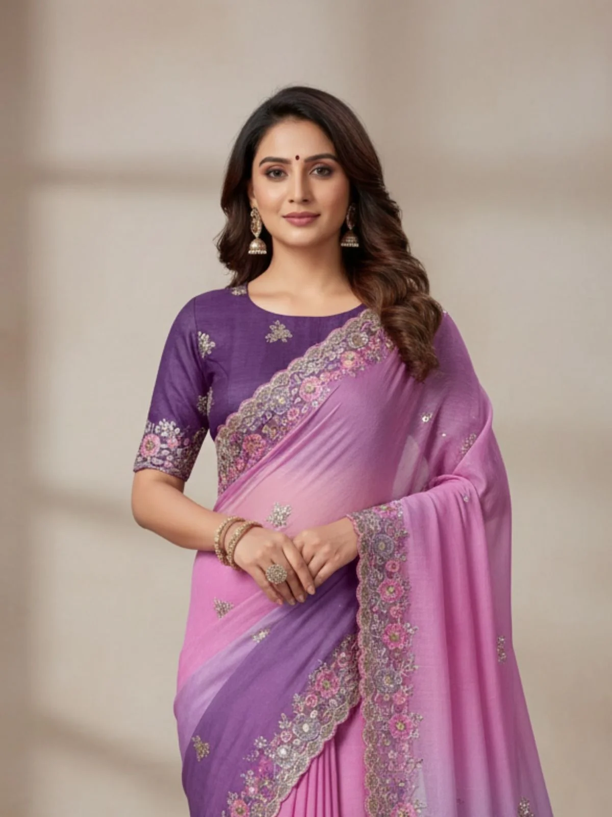 Odette Pink And Purple Georgette Embellished Solid Saree For Women - Image 2