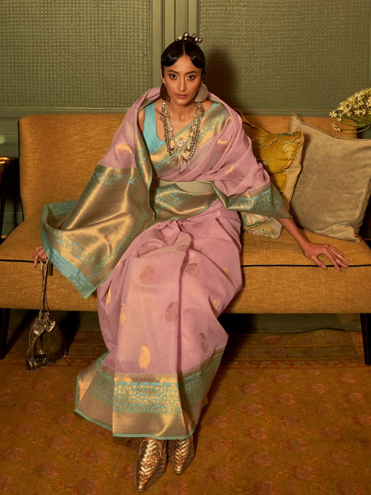 Odette Pink And Sea Green Woven Design Linen Saree With Unstitched Blouse For Women - Image 2