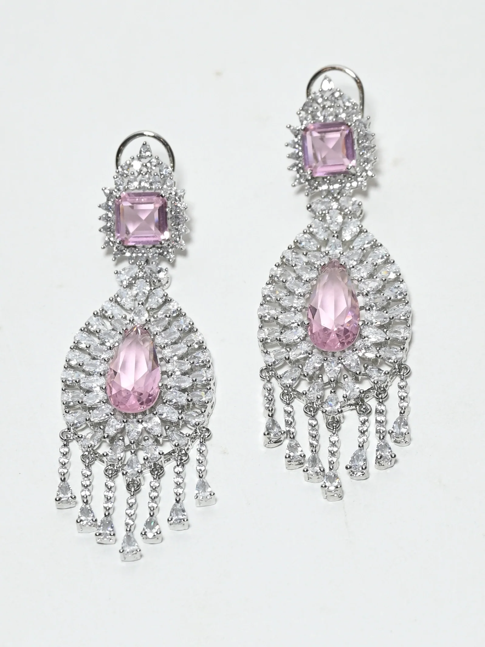 Odette Pink And Silver Alloy Stone Earrings For Women - Image 3