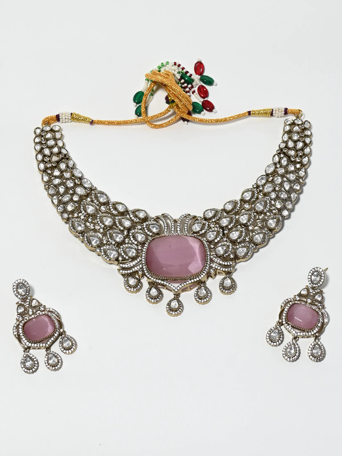 Odette Pink And White Alloy Stone Jewellery Set For Women - Image 2
