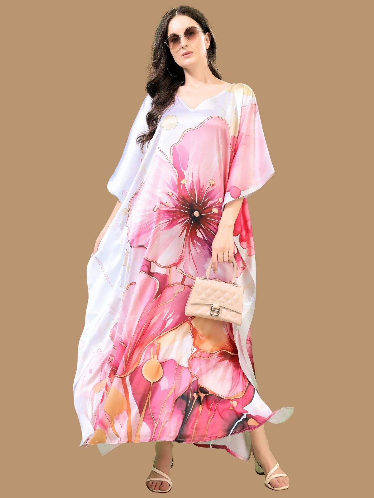 Odette Pink And White Satin Printed Kaftan For Women