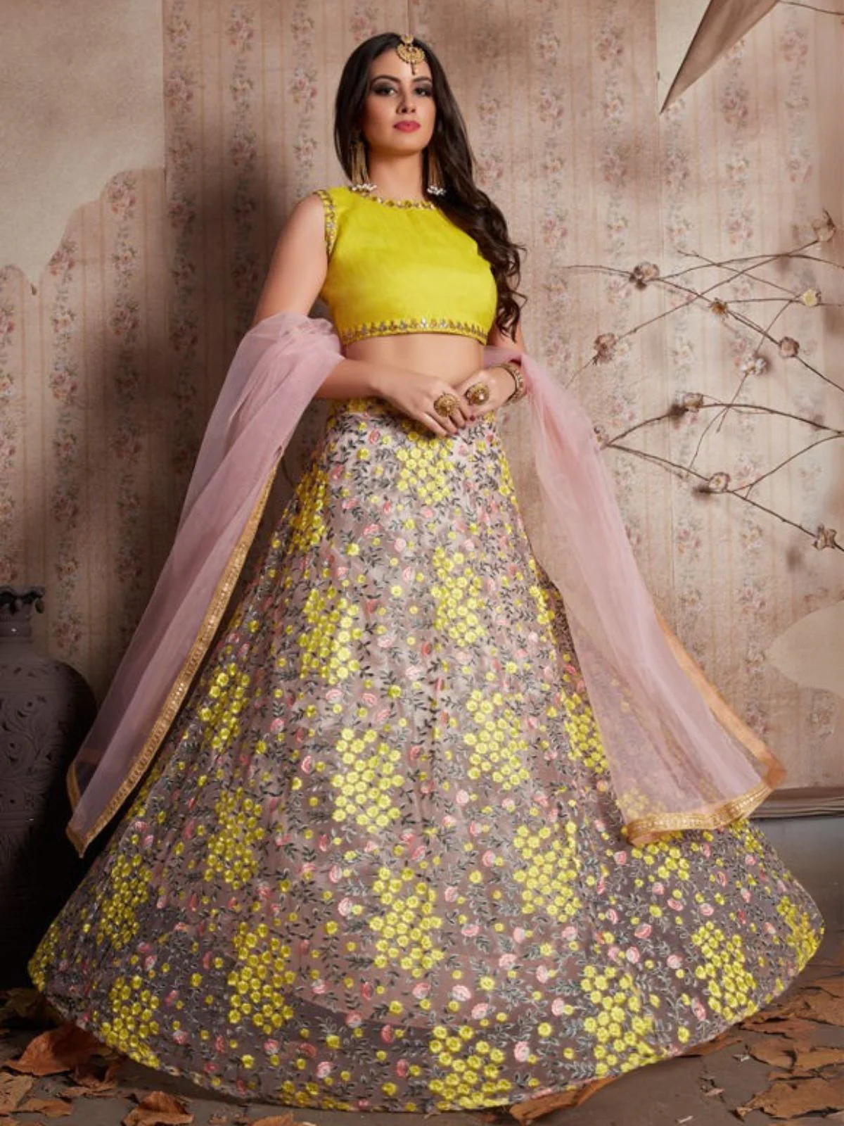 Odette Pink And Yellow Art Silk Embroidered Semi-Stitched Lehenga With Unstitched Blouse For Women - Image 3