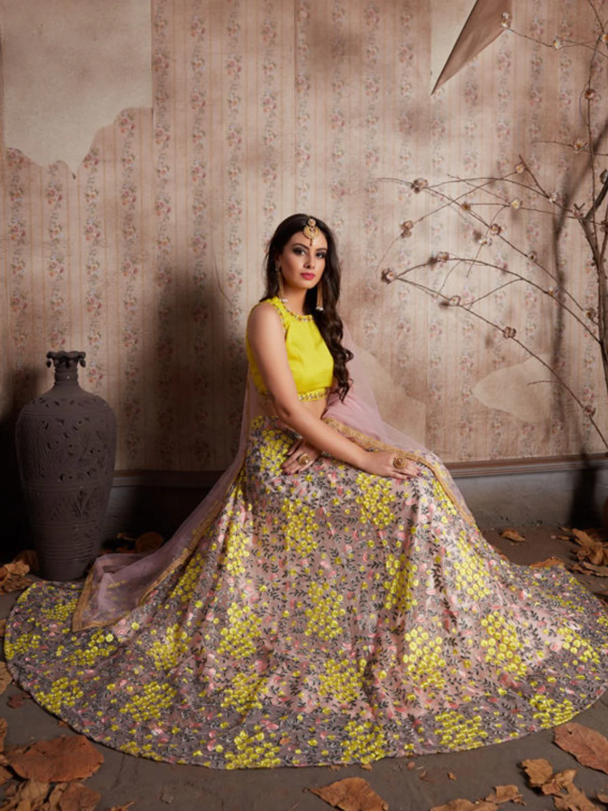 Odette Pink And Yellow Art Silk Embroidered Semi-Stitched Lehenga With Unstitched Blouse For Women - Image 4