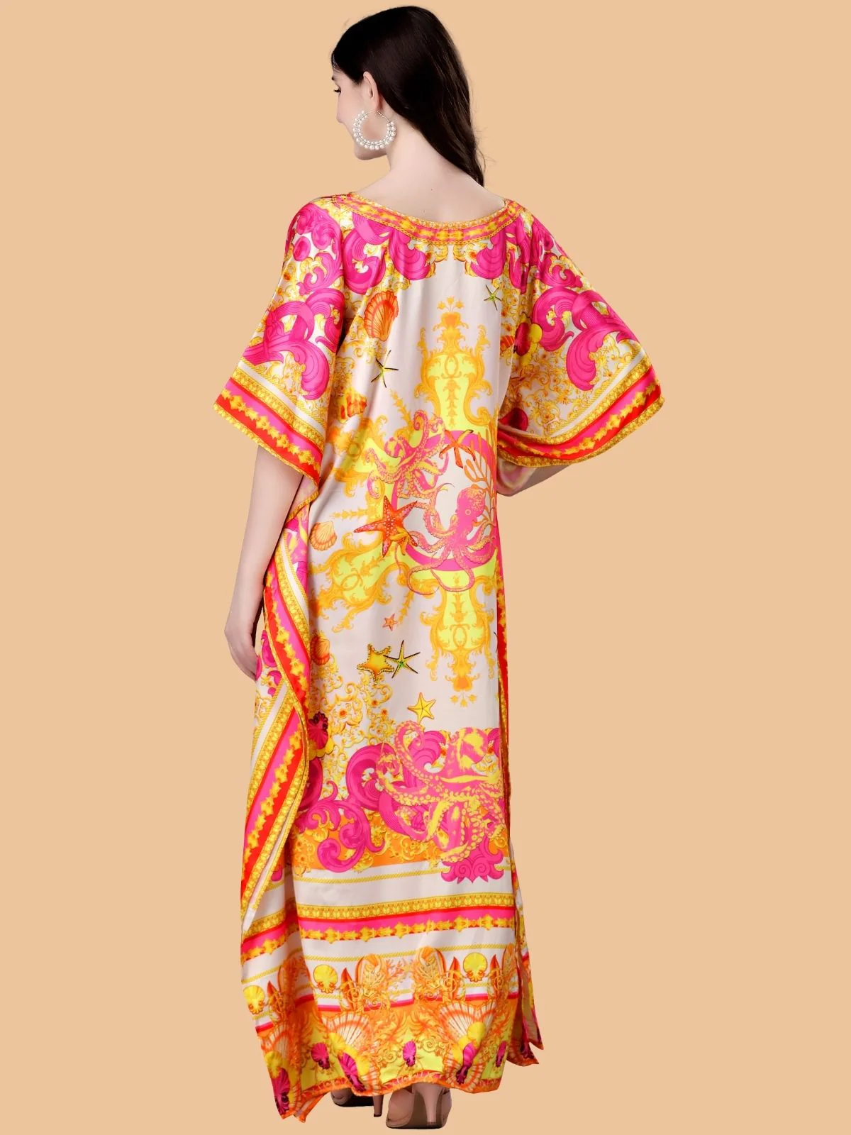 Odette Pink And Yellow Satin Printed Kaftan For Women - Image 3